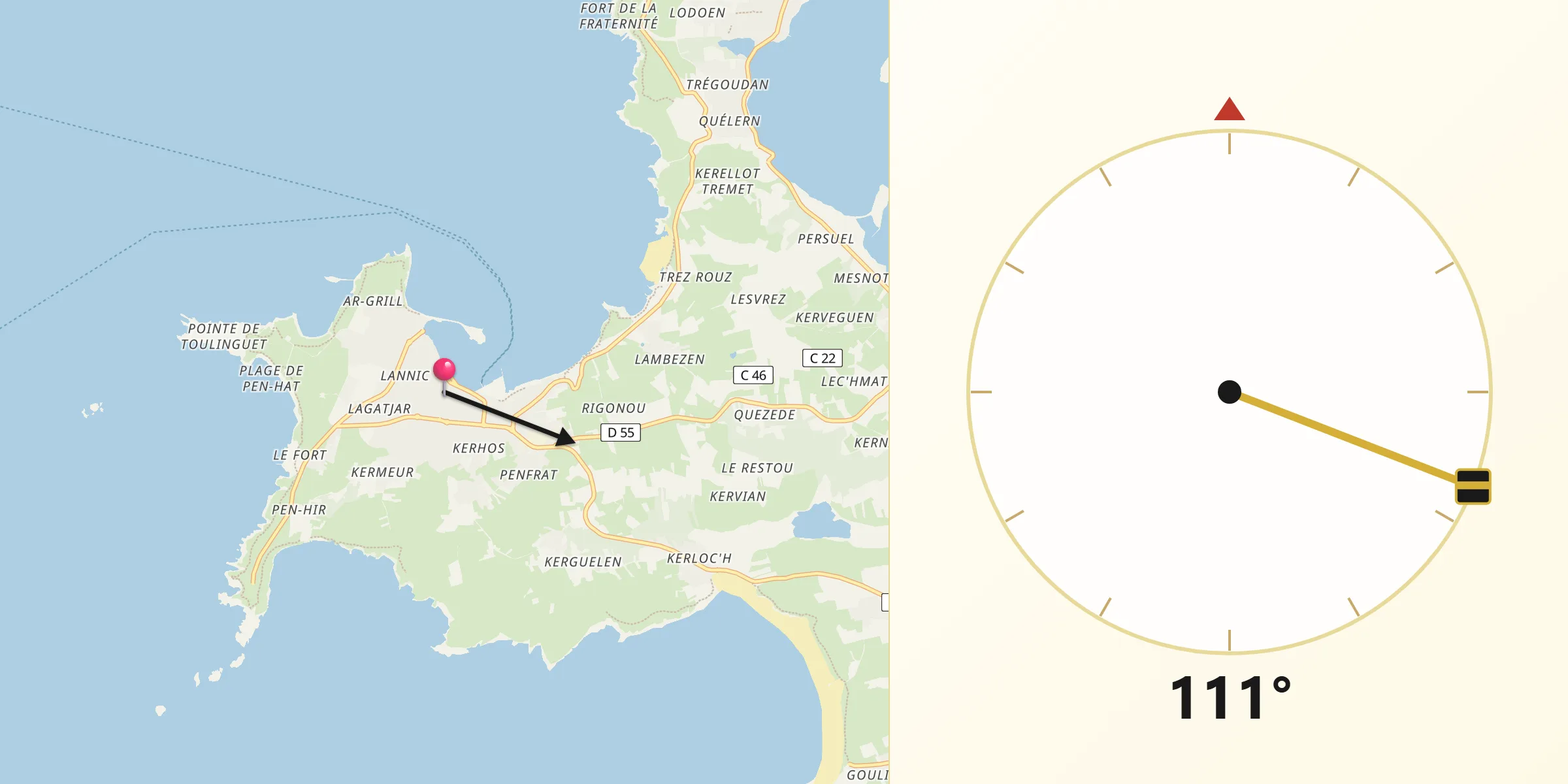 Direction vers la Qibla depuis Camaret-sur-Mer