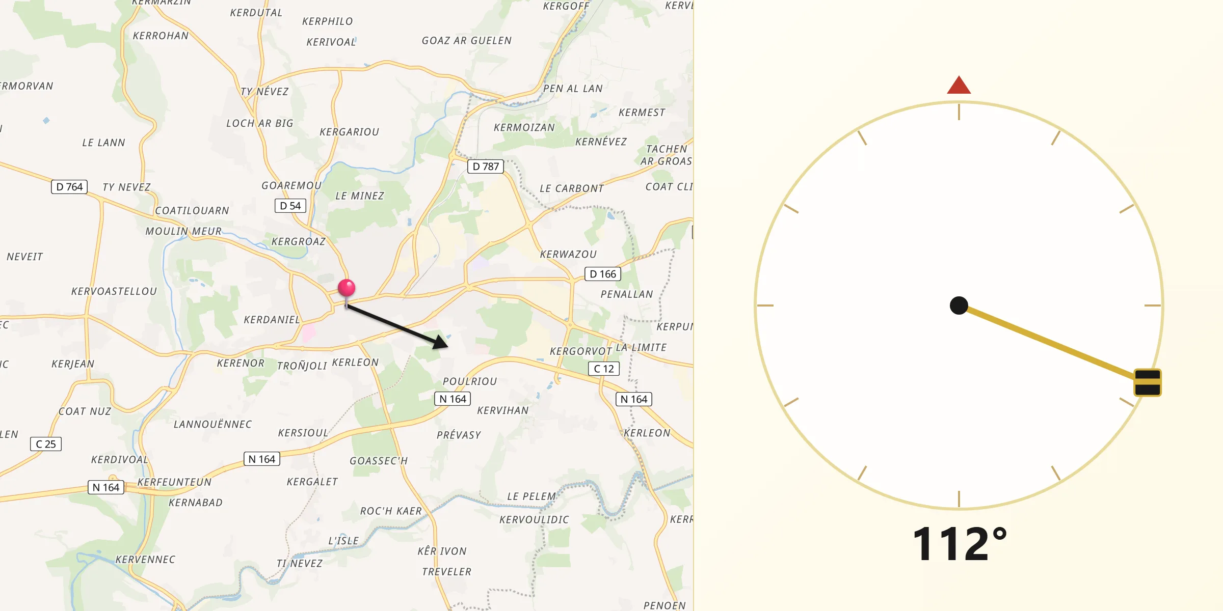 Direction vers la Qibla depuis Carhaix-Plouguer