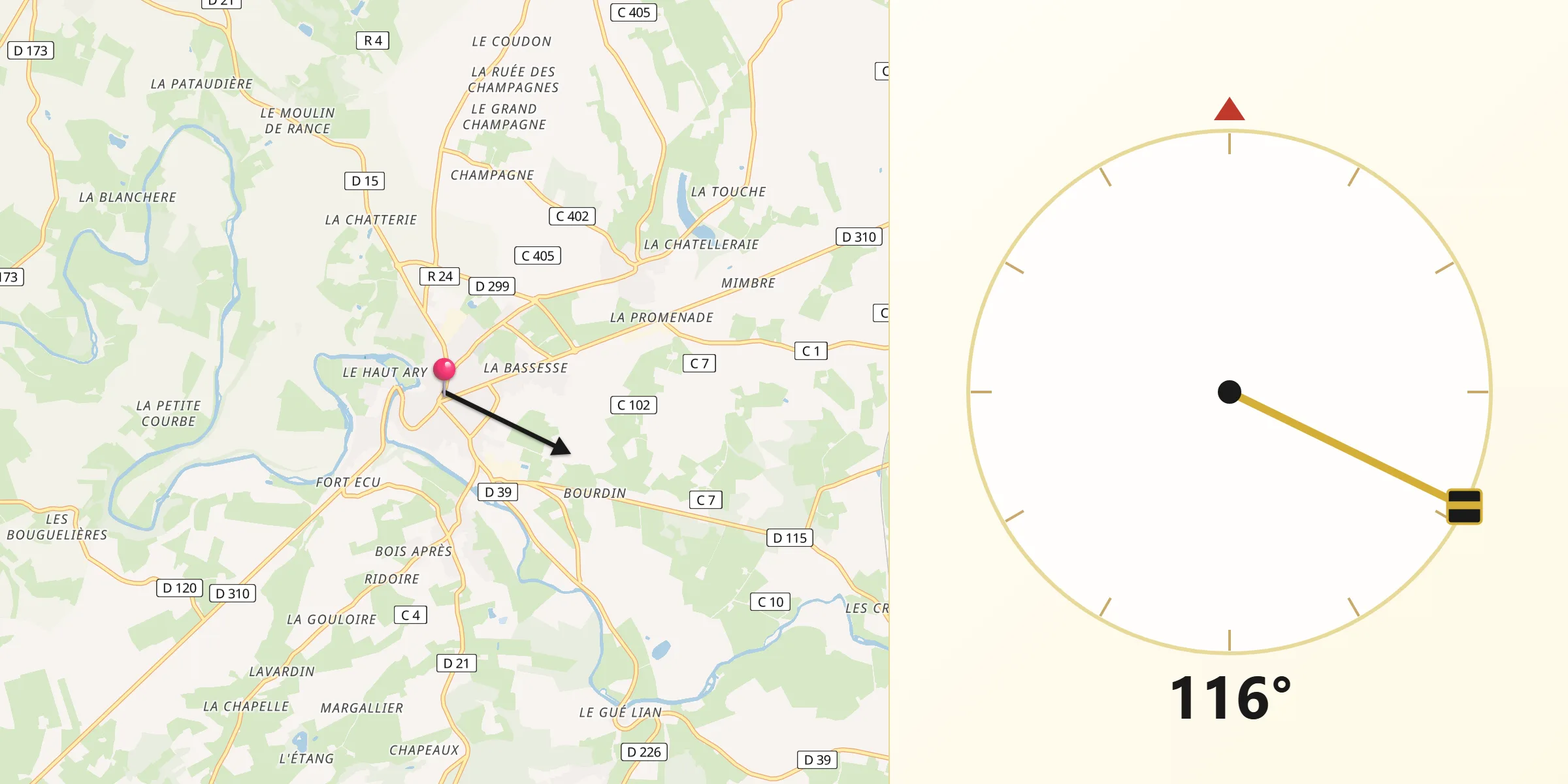 Direction vers la Qibla depuis Fresnay-sur-Sarthe