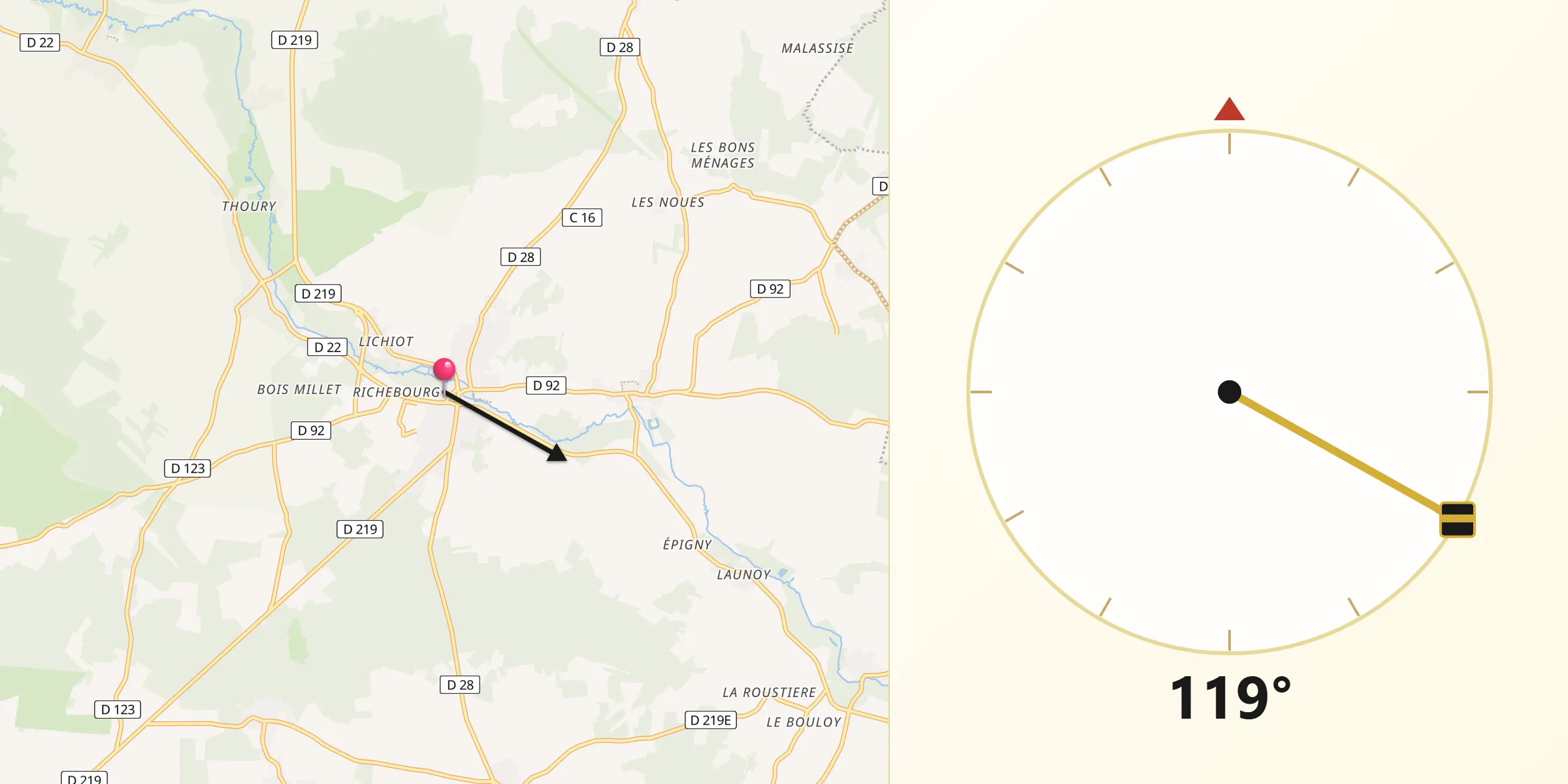 Direction vers la Qibla depuis Voulx