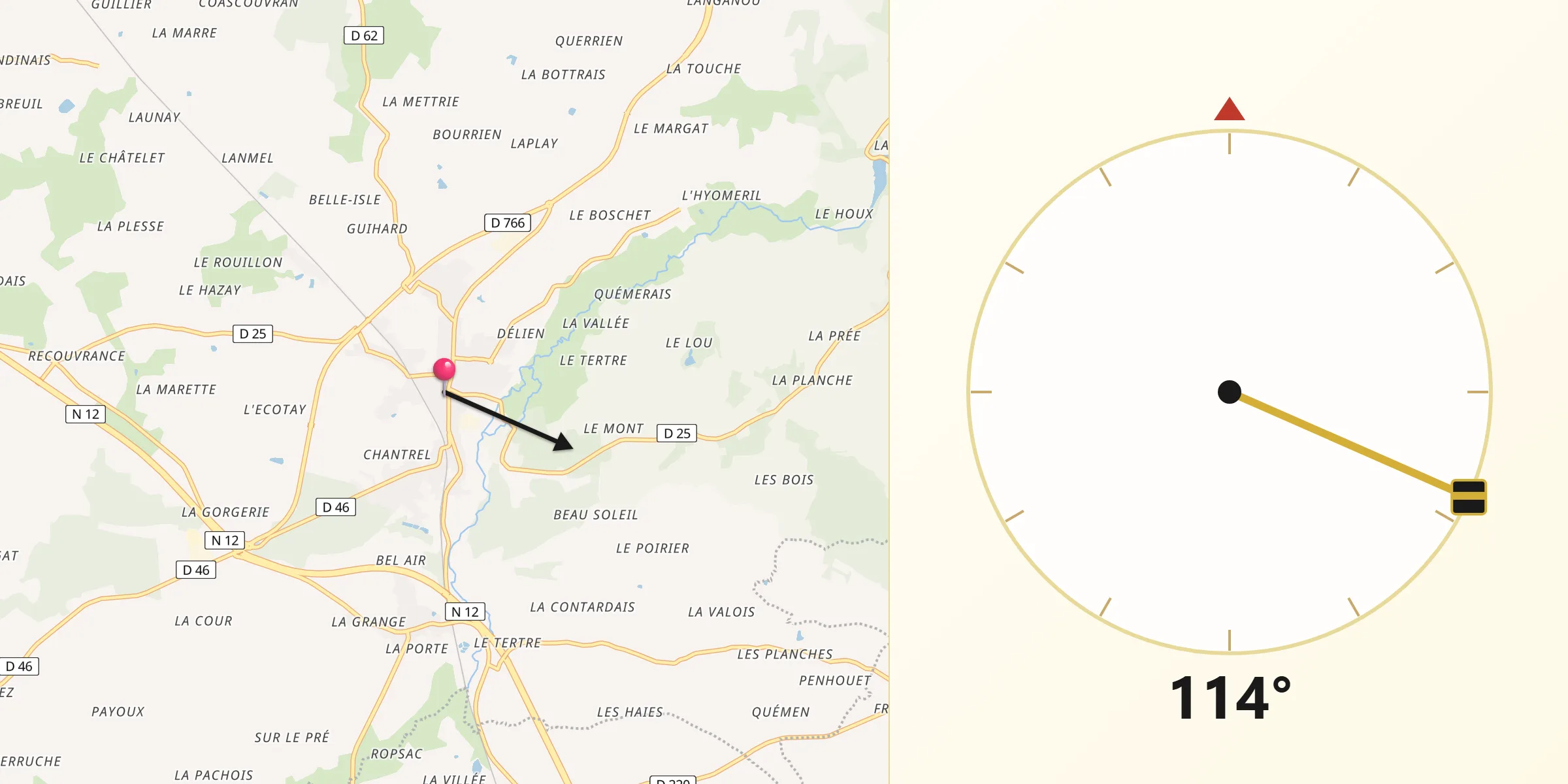 Direction vers la Qibla depuis Caulnes