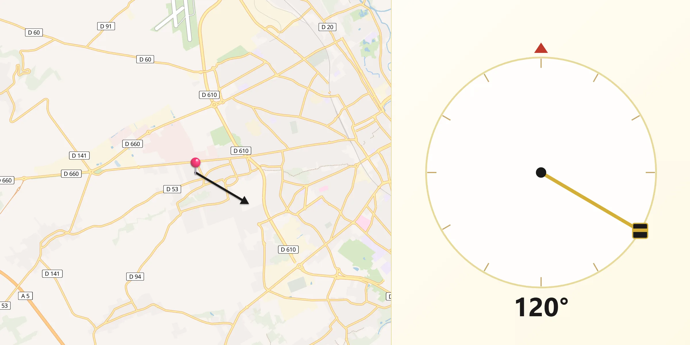 Direction vers la Qibla depuis La Rivière-de-Corps