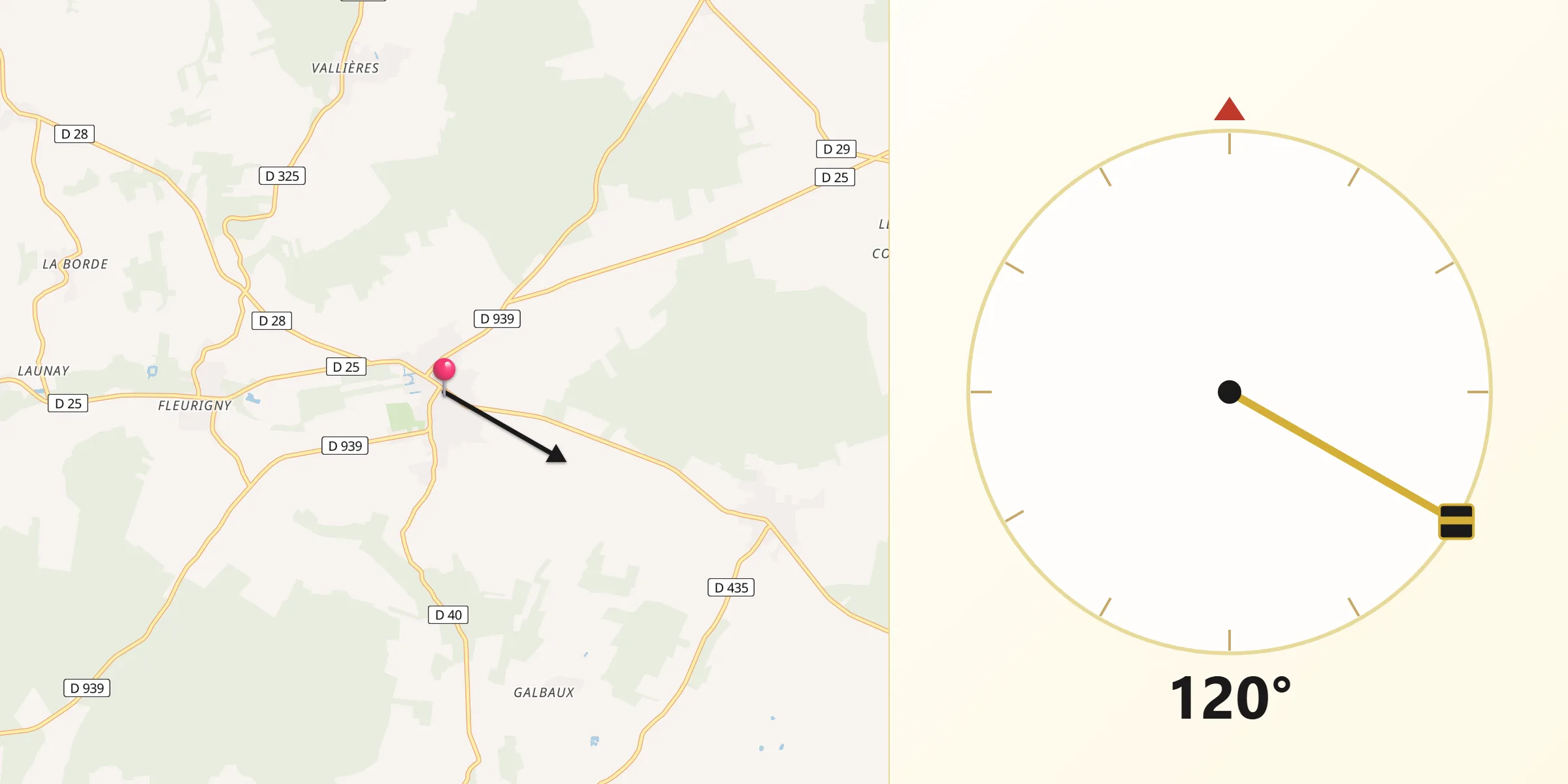 Direction vers la Qibla depuis Thorigny-sur-Oreuse