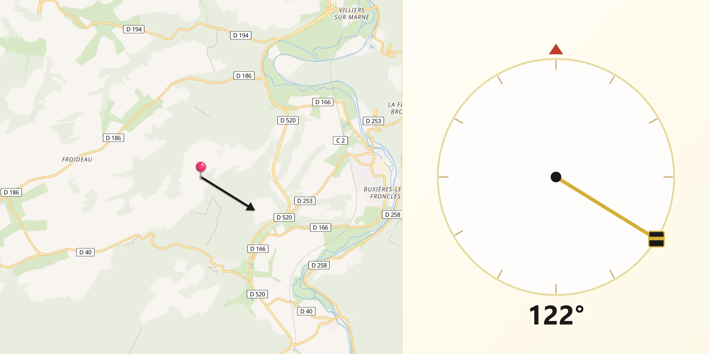 Direction vers la Qibla depuis Roches-Bettaincourt