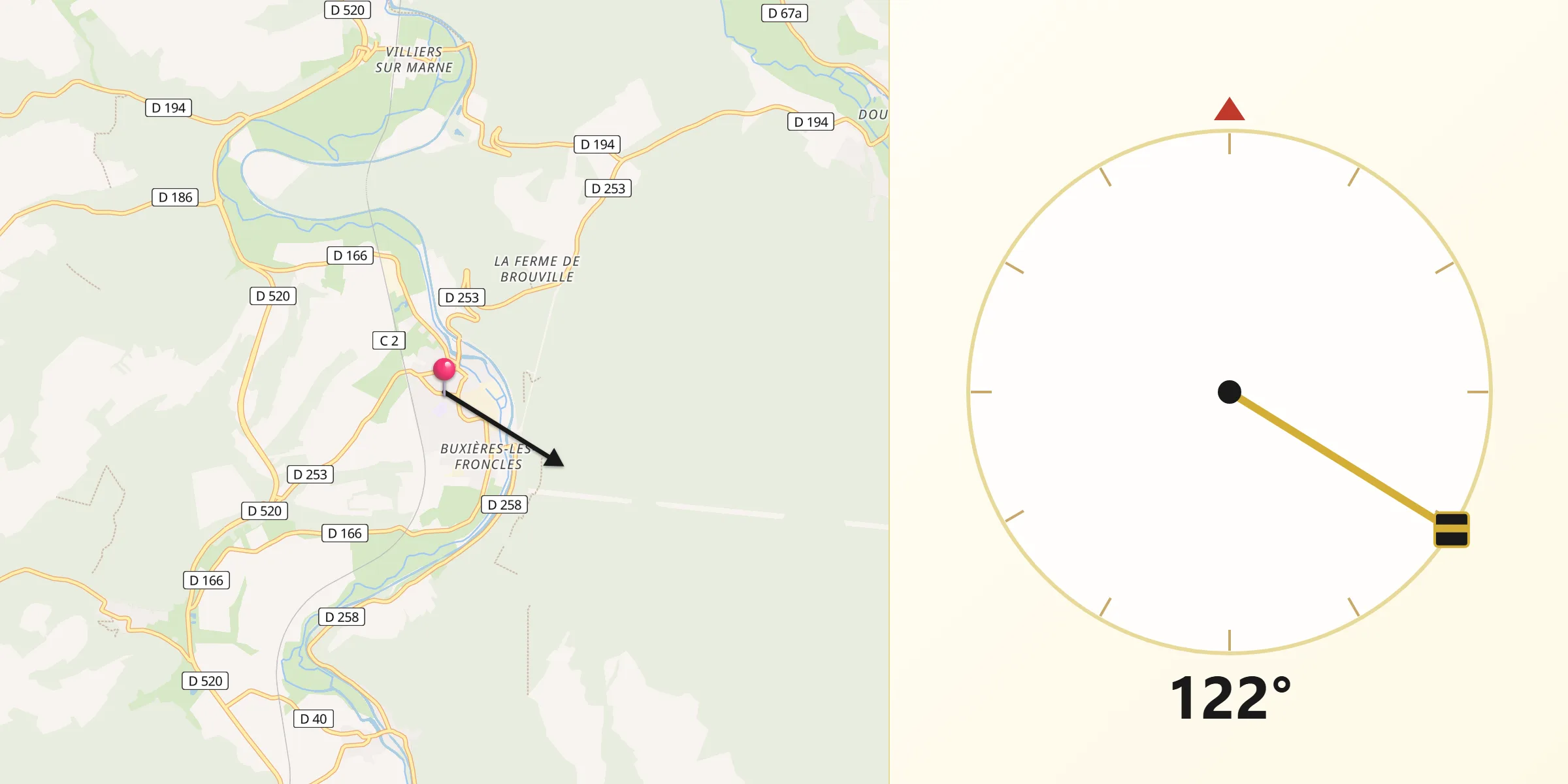 Direction vers la Qibla depuis Froncles