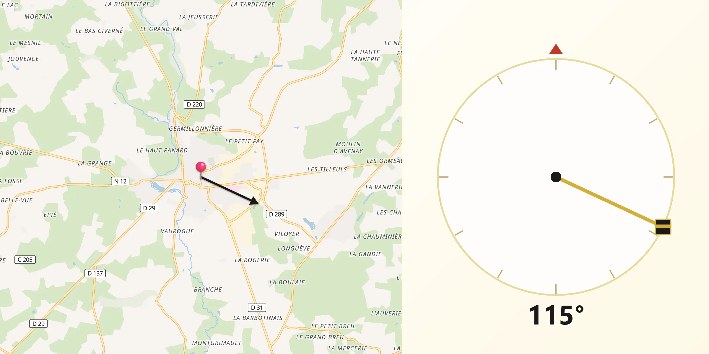 Direction vers la Qibla depuis Ernée
