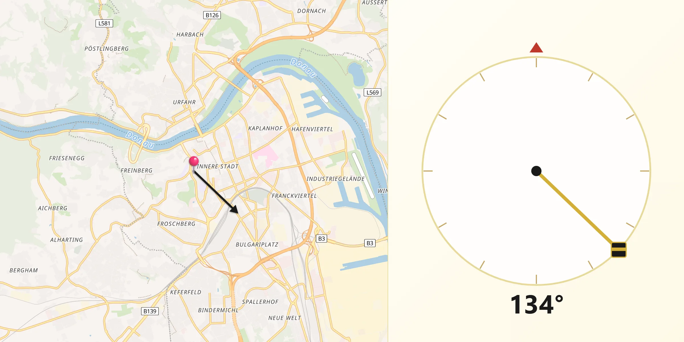 Qibla-Richtung von Linz Stadt