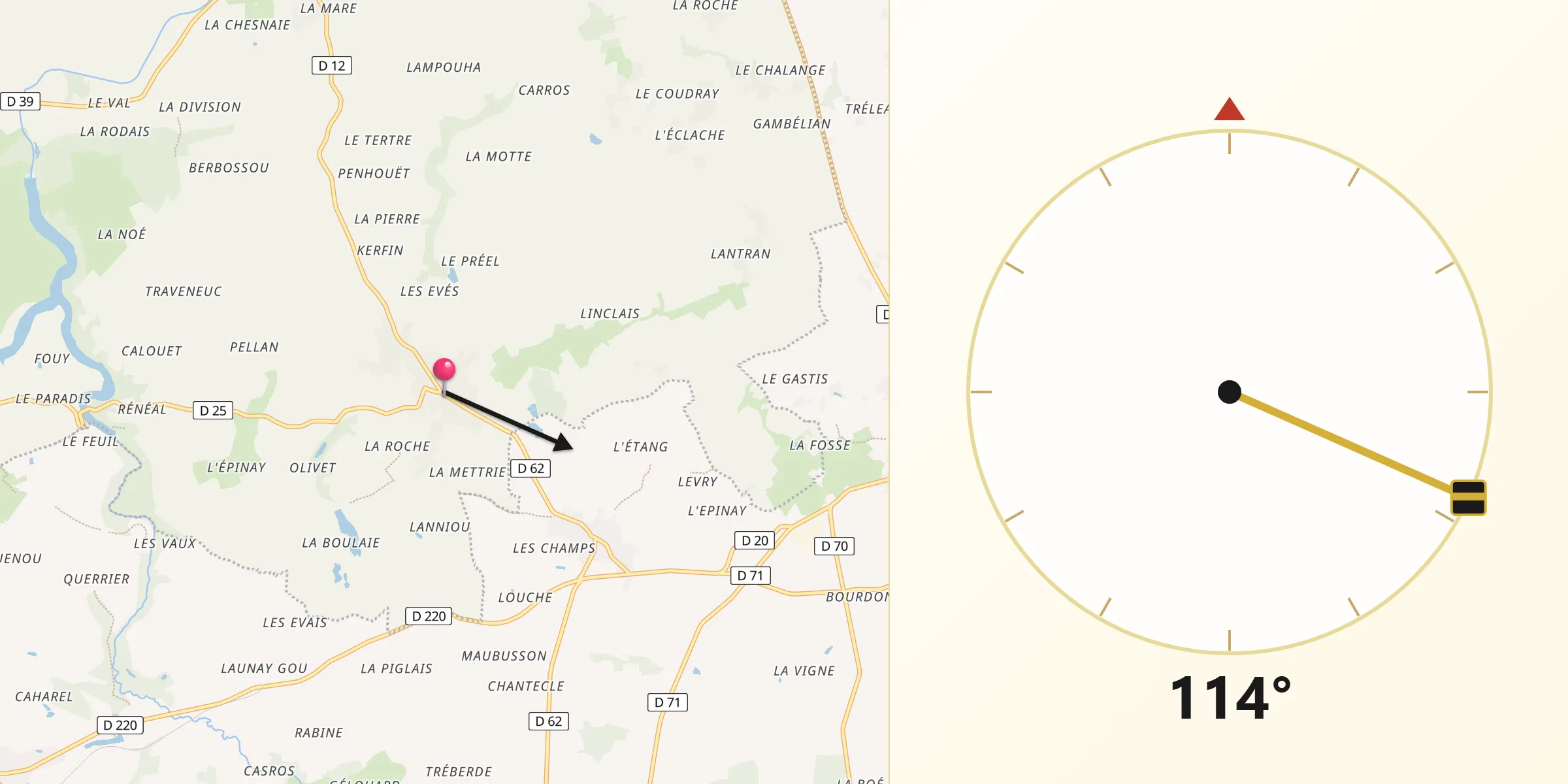 Direction vers la Qibla depuis Plouasne