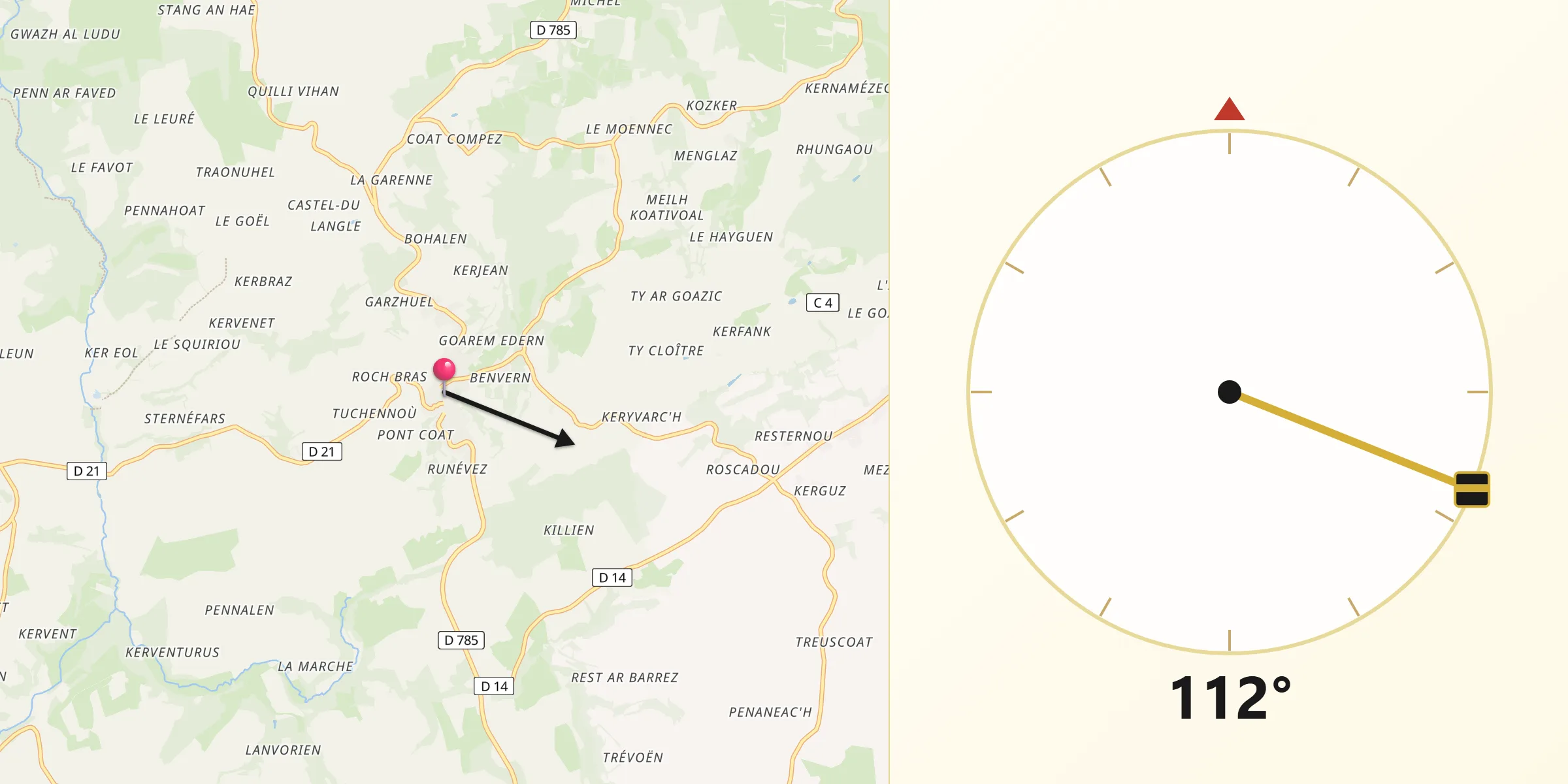 Direction vers la Qibla depuis Brasparts