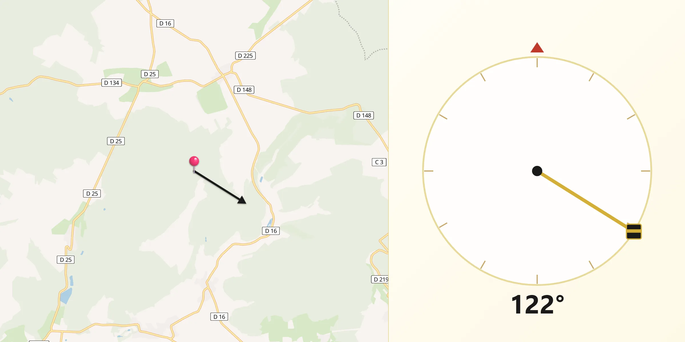Direction vers la Qibla depuis Orquevaux