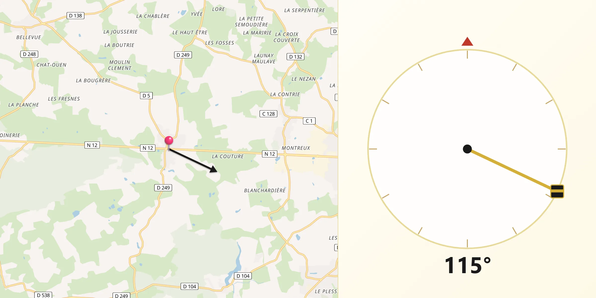 Direction vers la Qibla depuis Saint-Georges-Buttavent