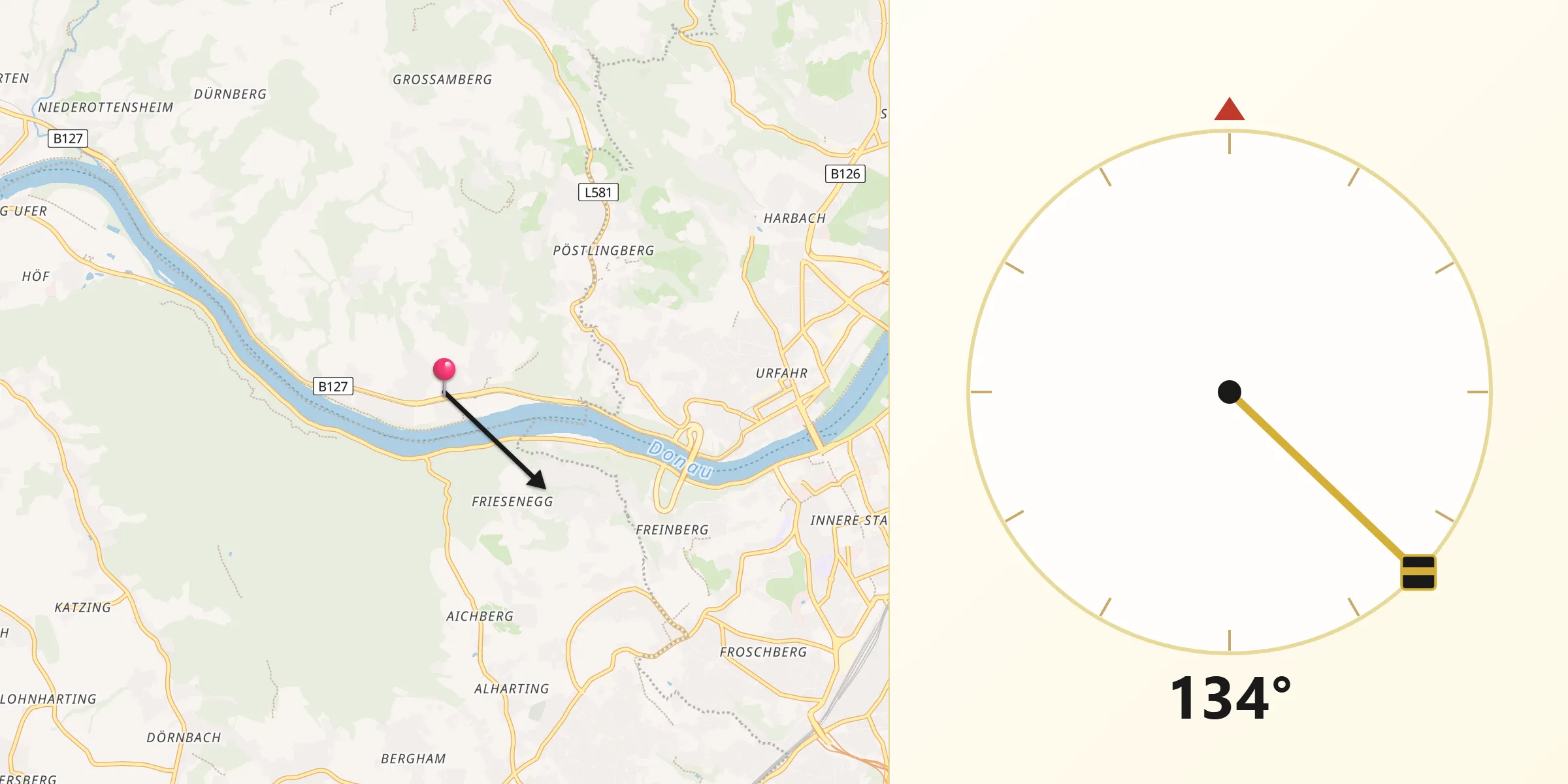 Qibla-Richtung von Puchenau
