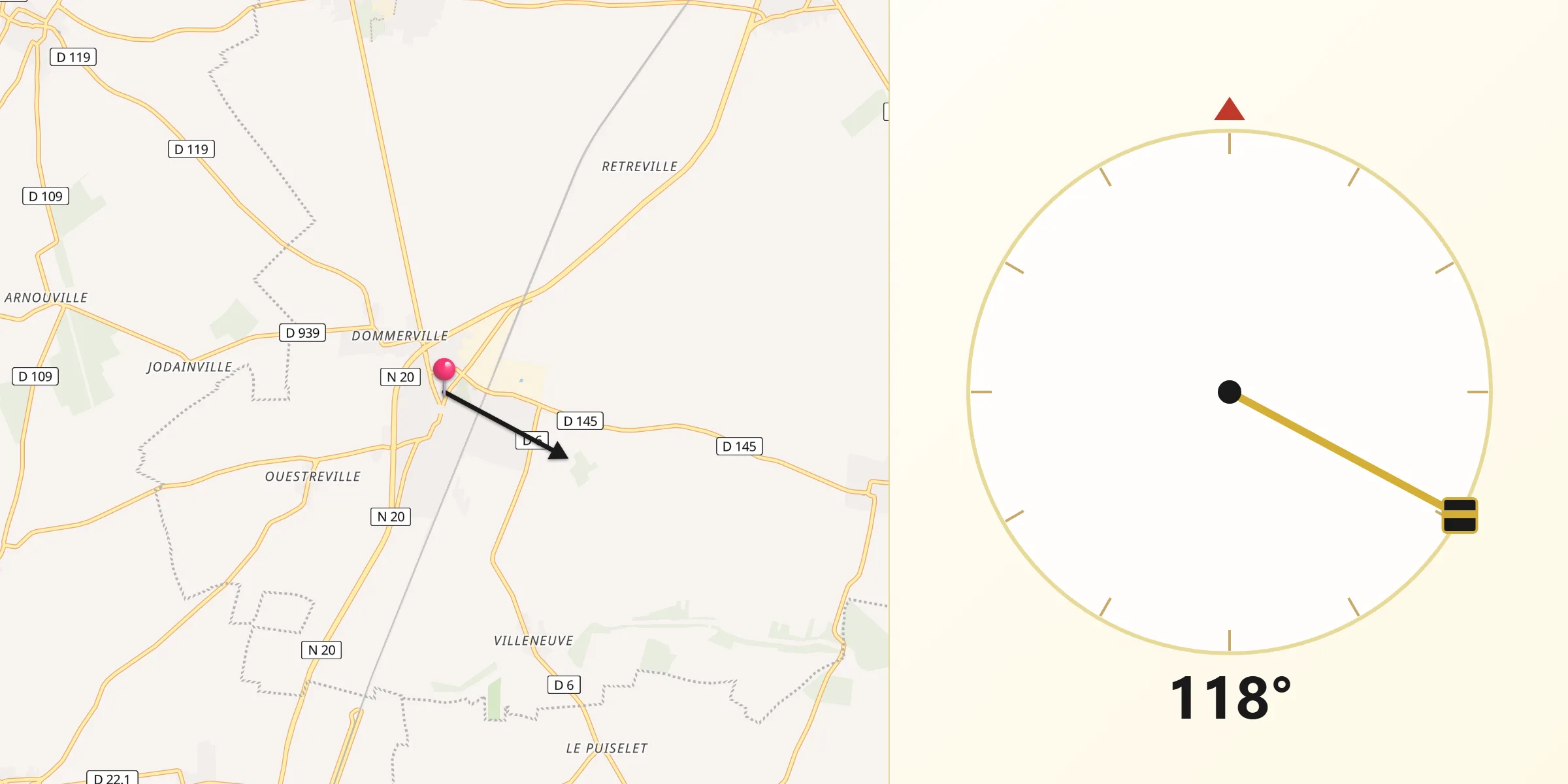 Direction vers la Qibla depuis Angerville