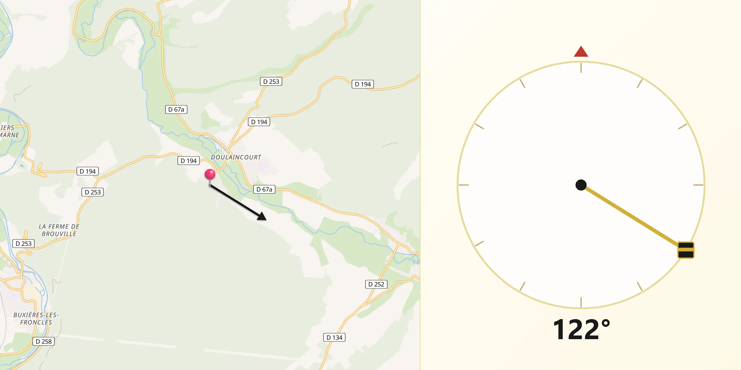Direction vers la Qibla depuis Doulaincourt-Saucourt