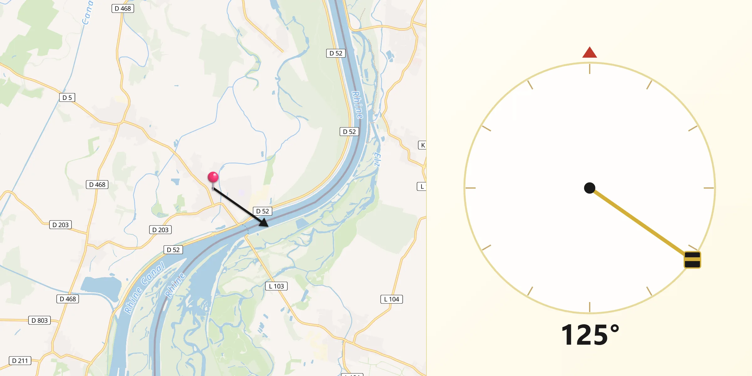 Direction vers la Qibla depuis Rhinau