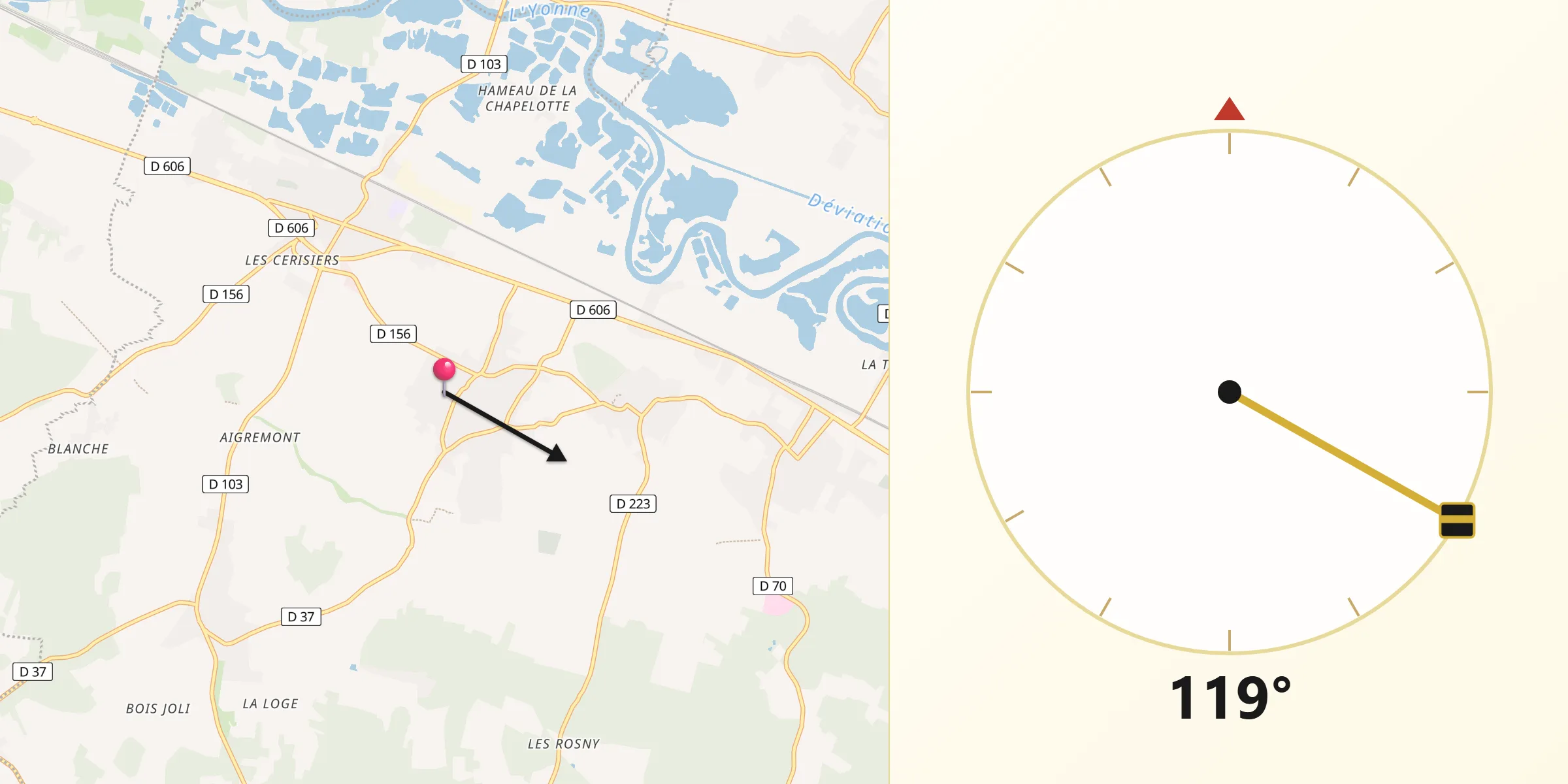 Direction vers la Qibla depuis Villeblevin