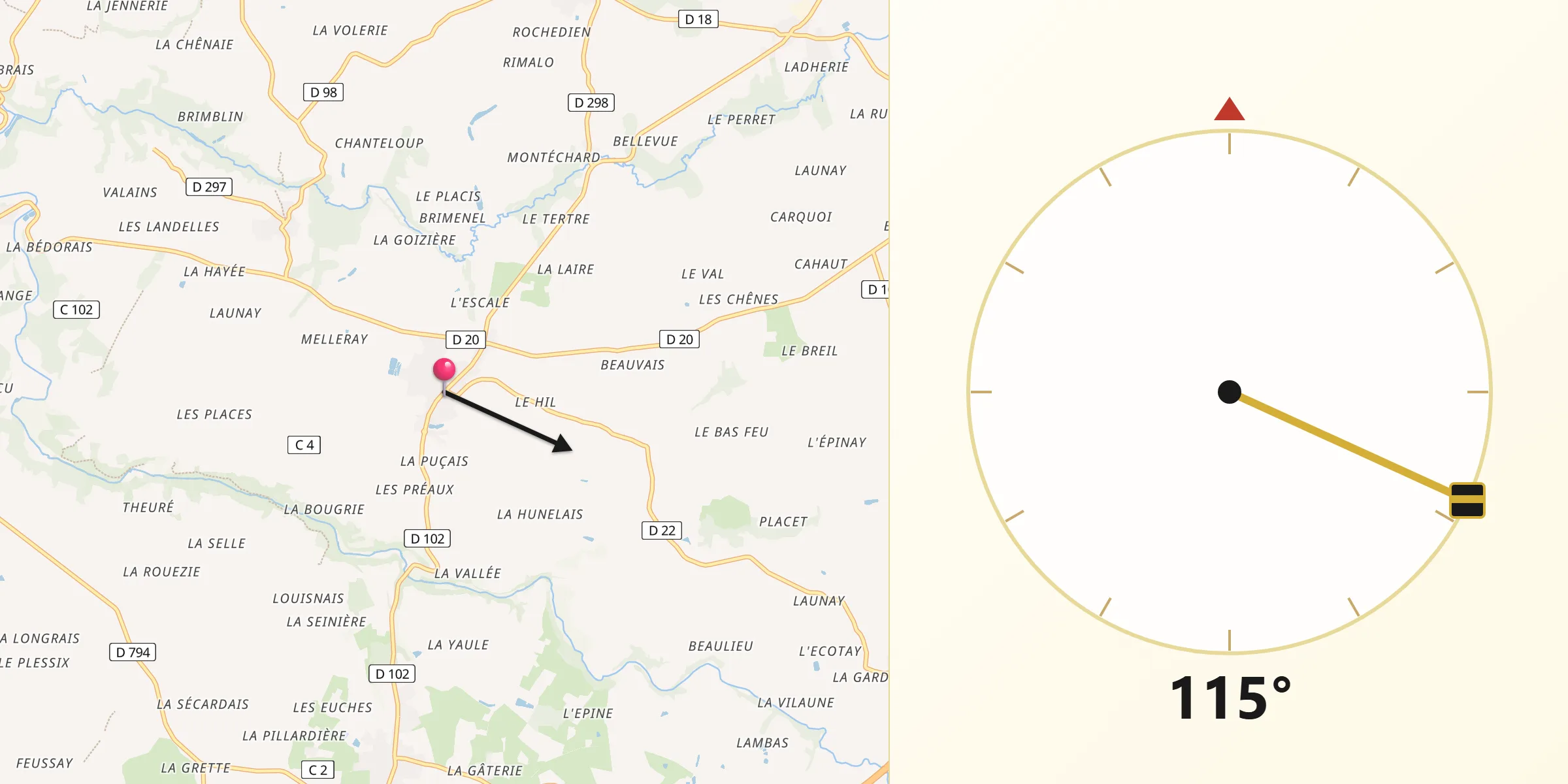 Direction vers la Qibla depuis Saint-Ouen-des-Alleux