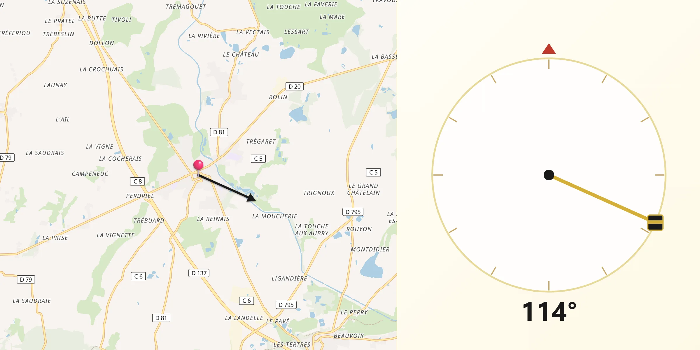Direction vers la Qibla depuis Tinténiac