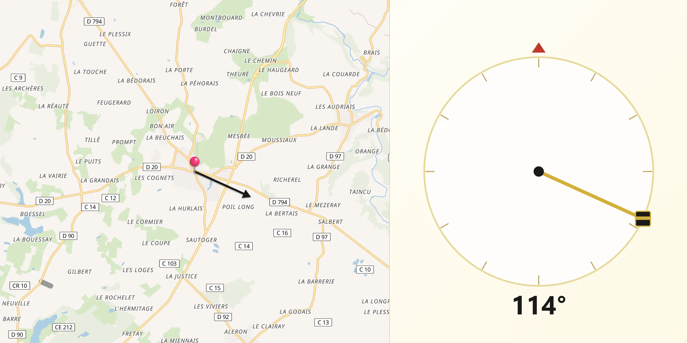 Direction vers la Qibla depuis Sens-de-Bretagne