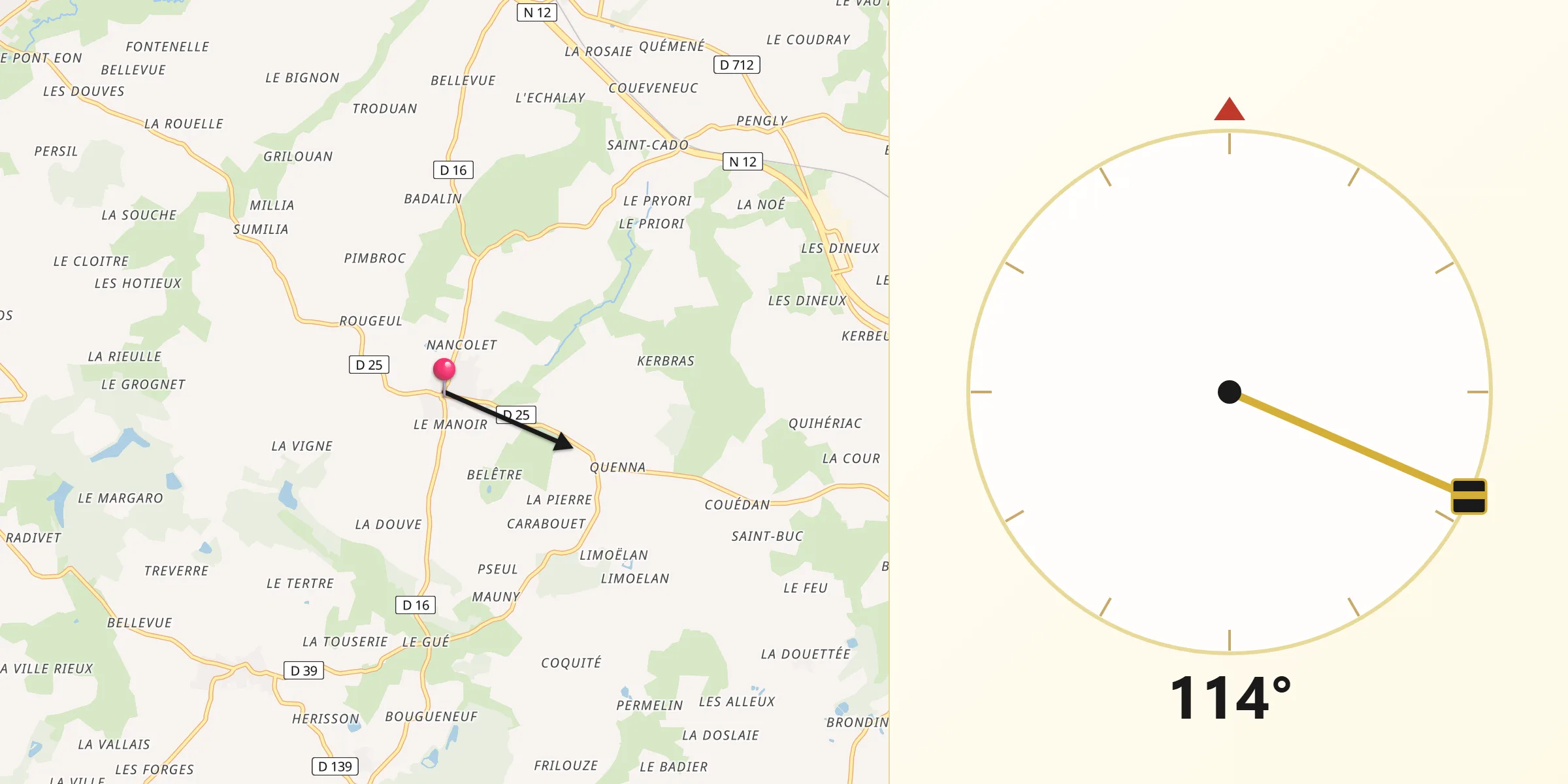 Direction vers la Qibla depuis Sévignac