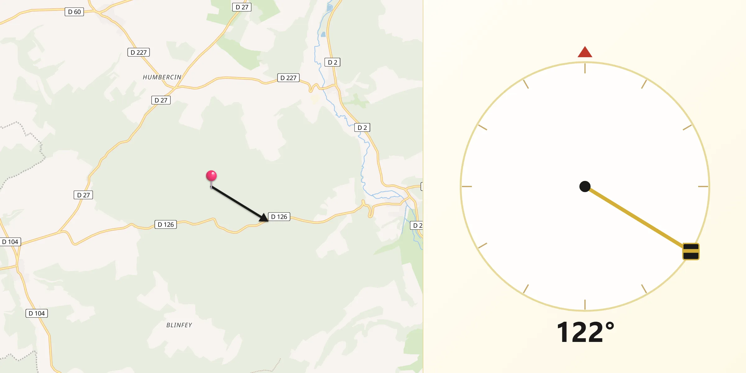 Direction vers la Qibla depuis Cirey-sur-Blaise