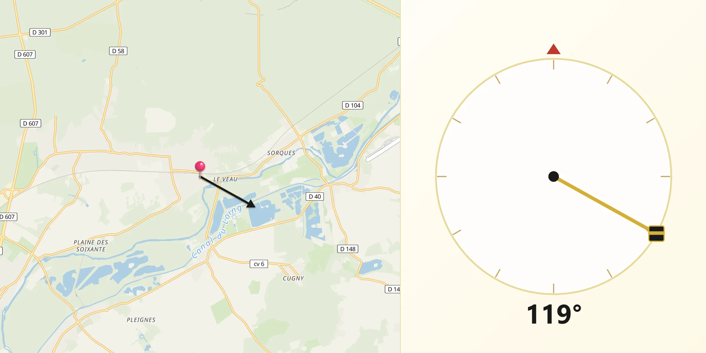 Direction vers la Qibla depuis Montigny-sur-Loing