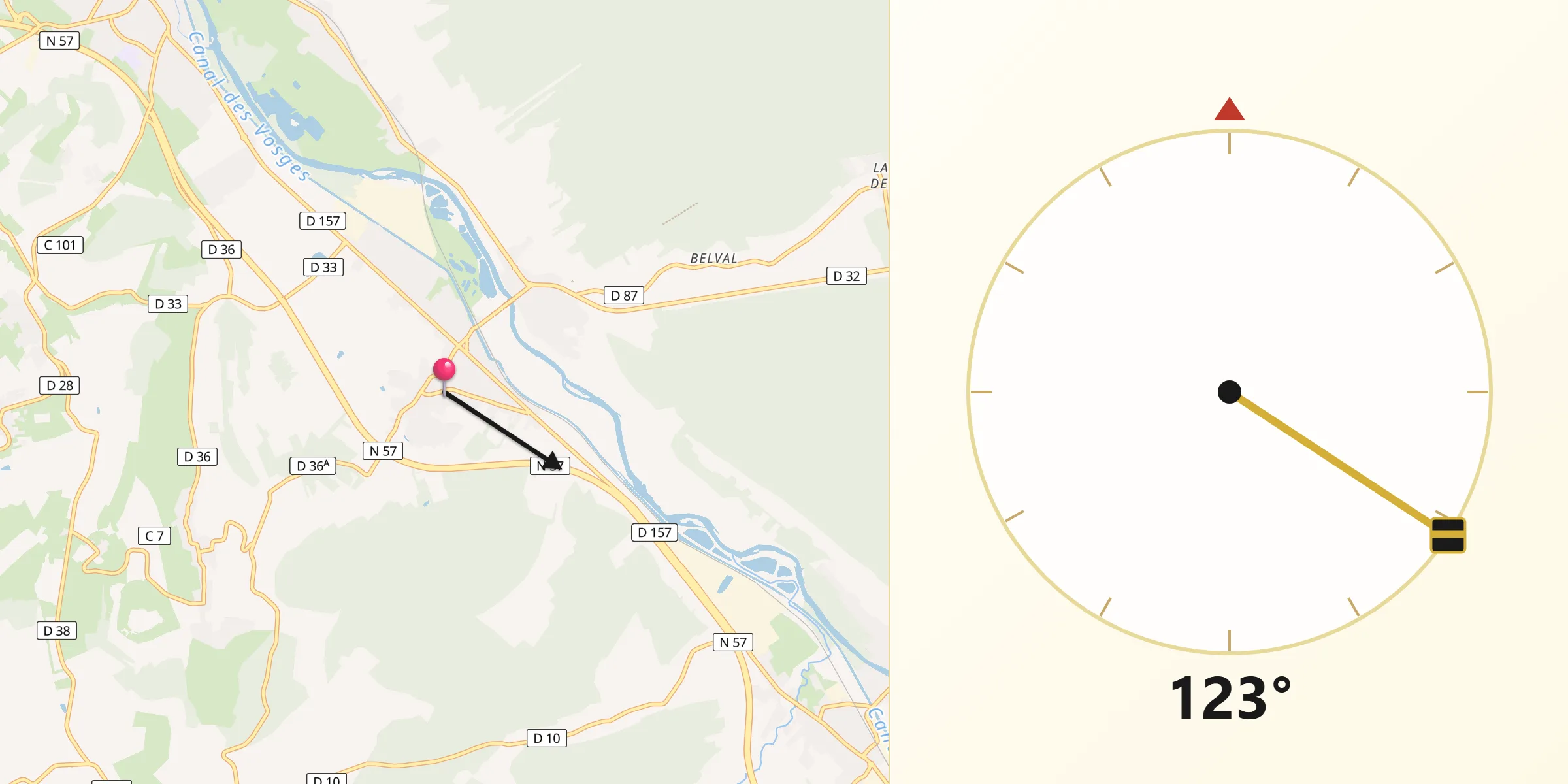 Direction vers la Qibla depuis Vincey