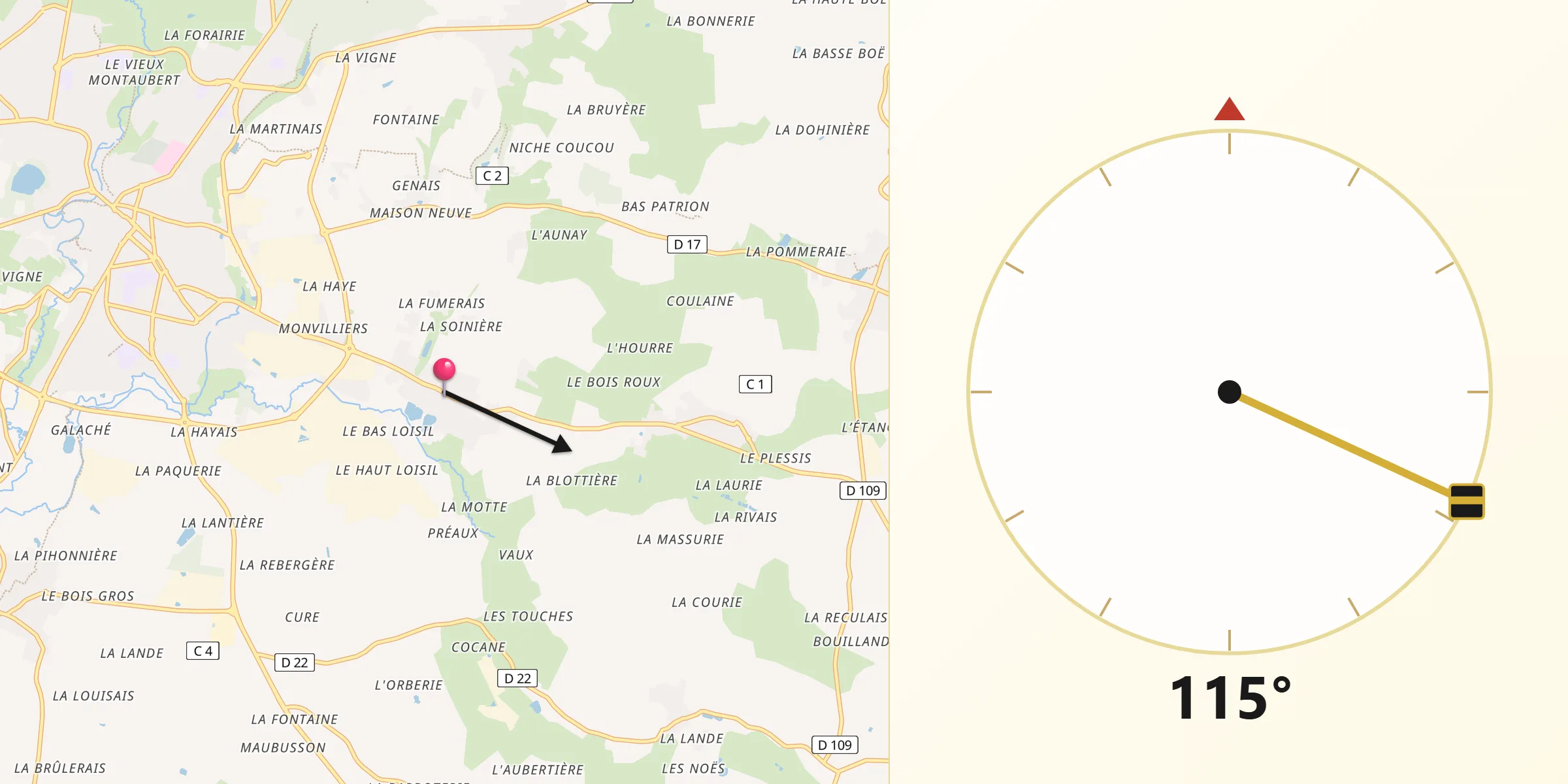 Direction vers la Qibla depuis Beaucé