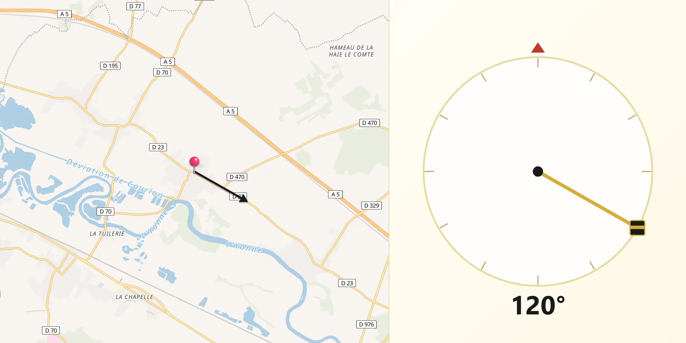 Direction vers la Qibla depuis Courlon-sur-Yonne