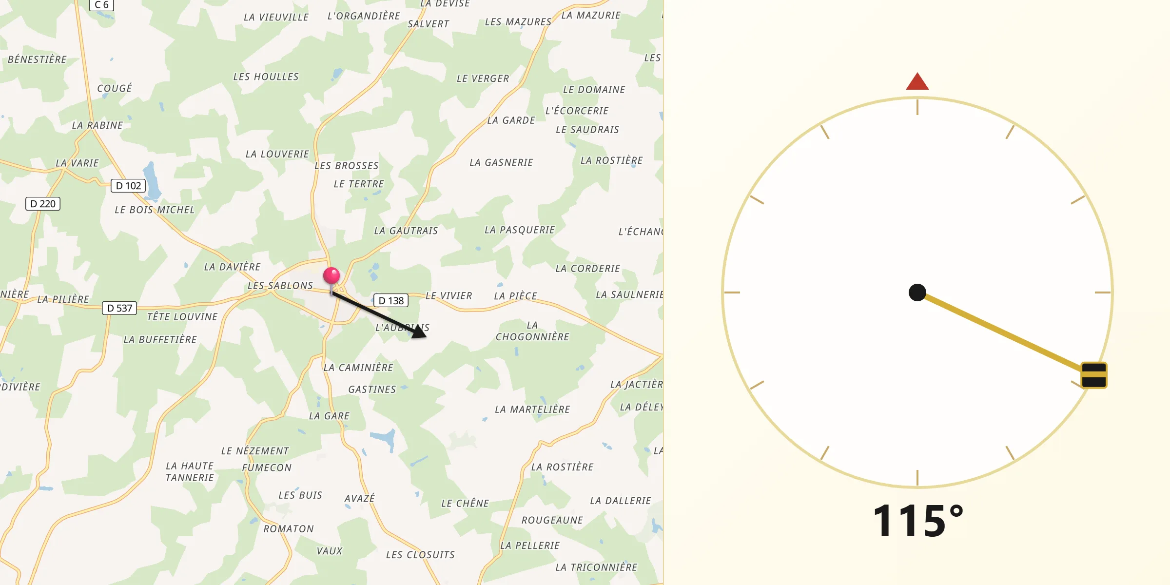 Direction vers la Qibla depuis Saint-Denis-de-Gastines