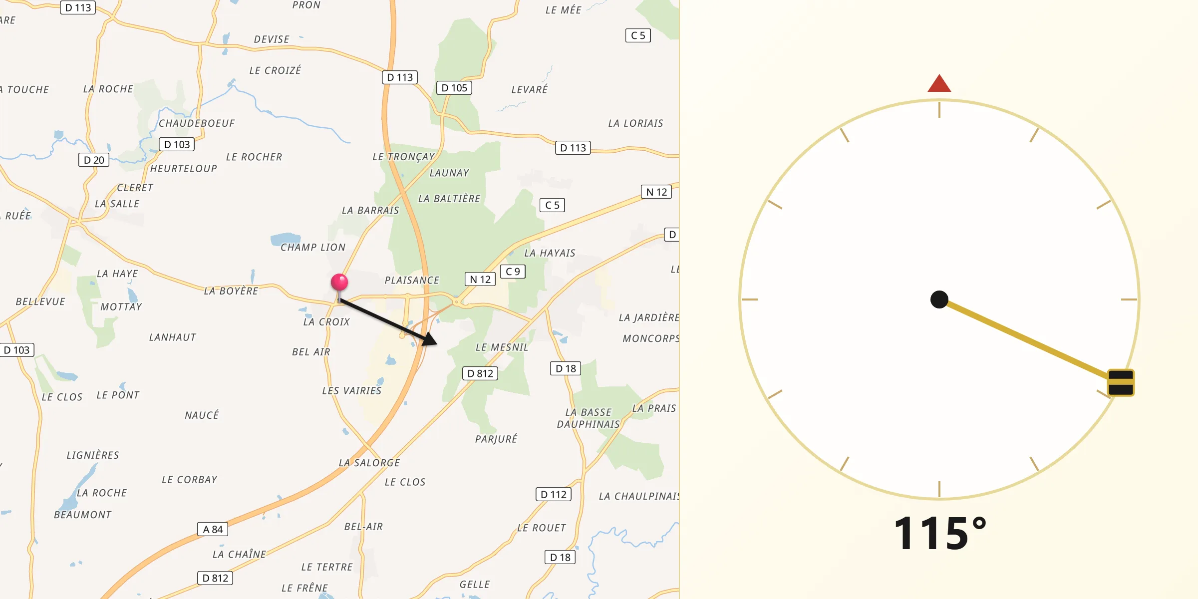 Direction vers la Qibla depuis Saint-Sauveur-des-Landes