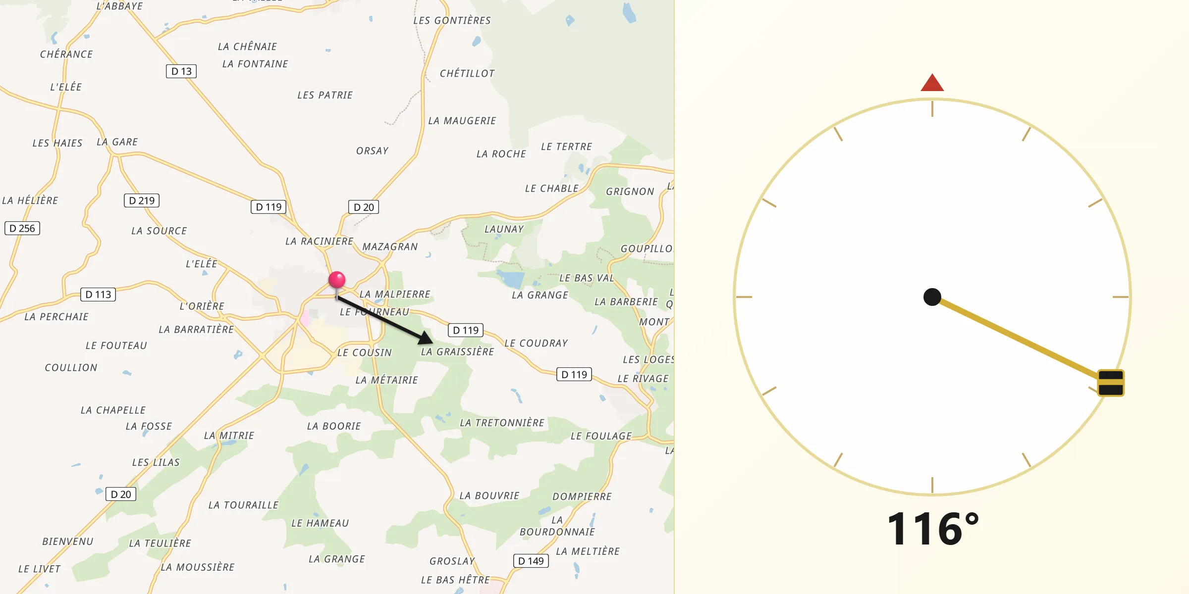 Direction vers la Qibla depuis Villaines-la-Juhel