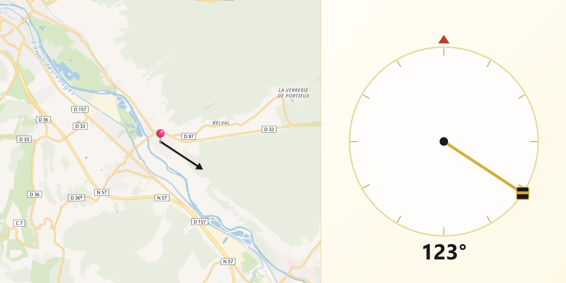 Direction vers la Qibla depuis Portieux