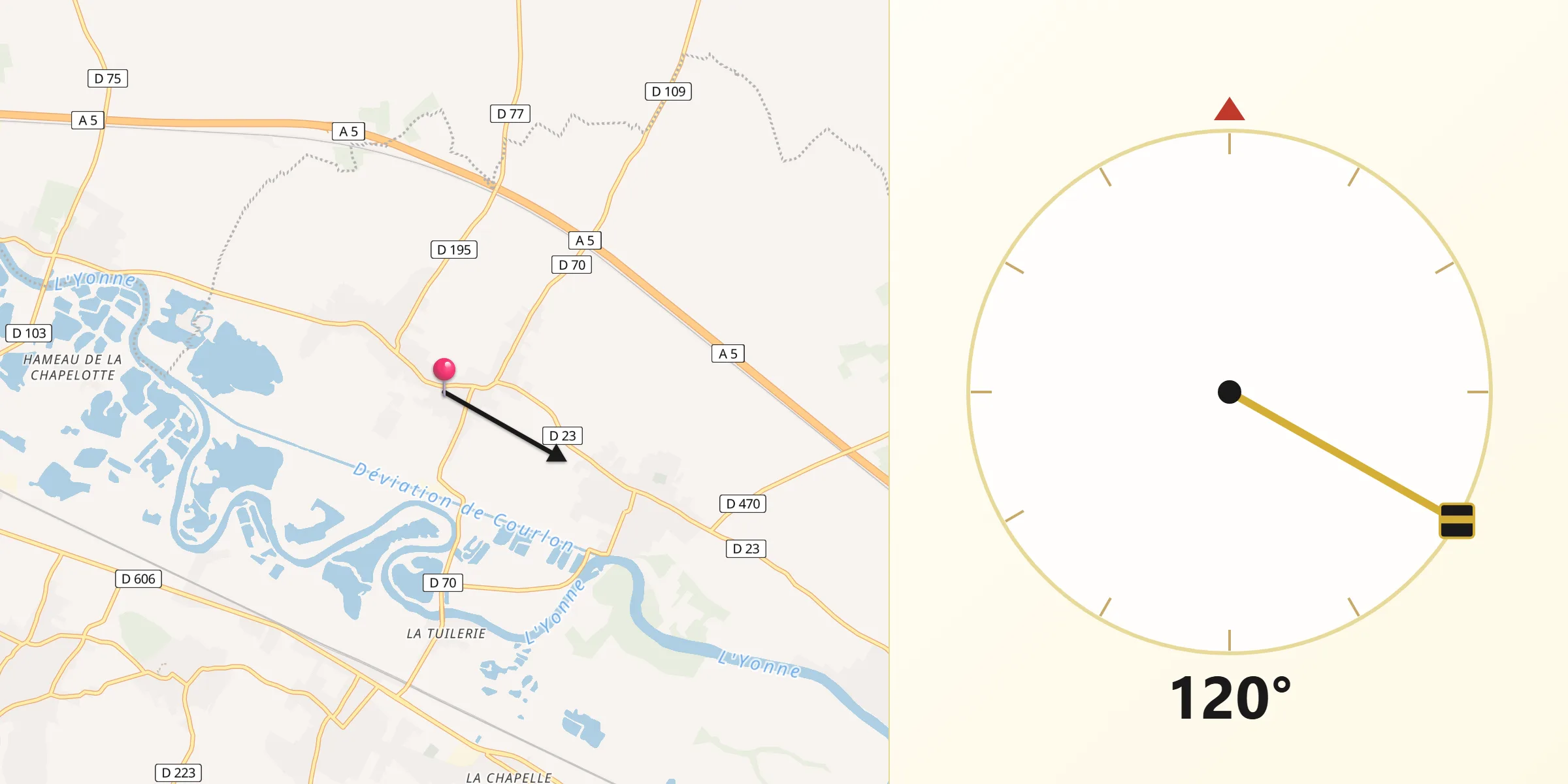Direction vers la Qibla depuis Vinneuf