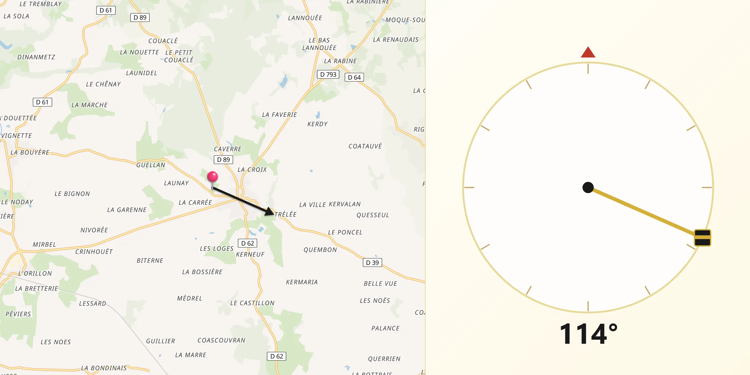 Direction vers la Qibla depuis Yvignac-la-Tour
