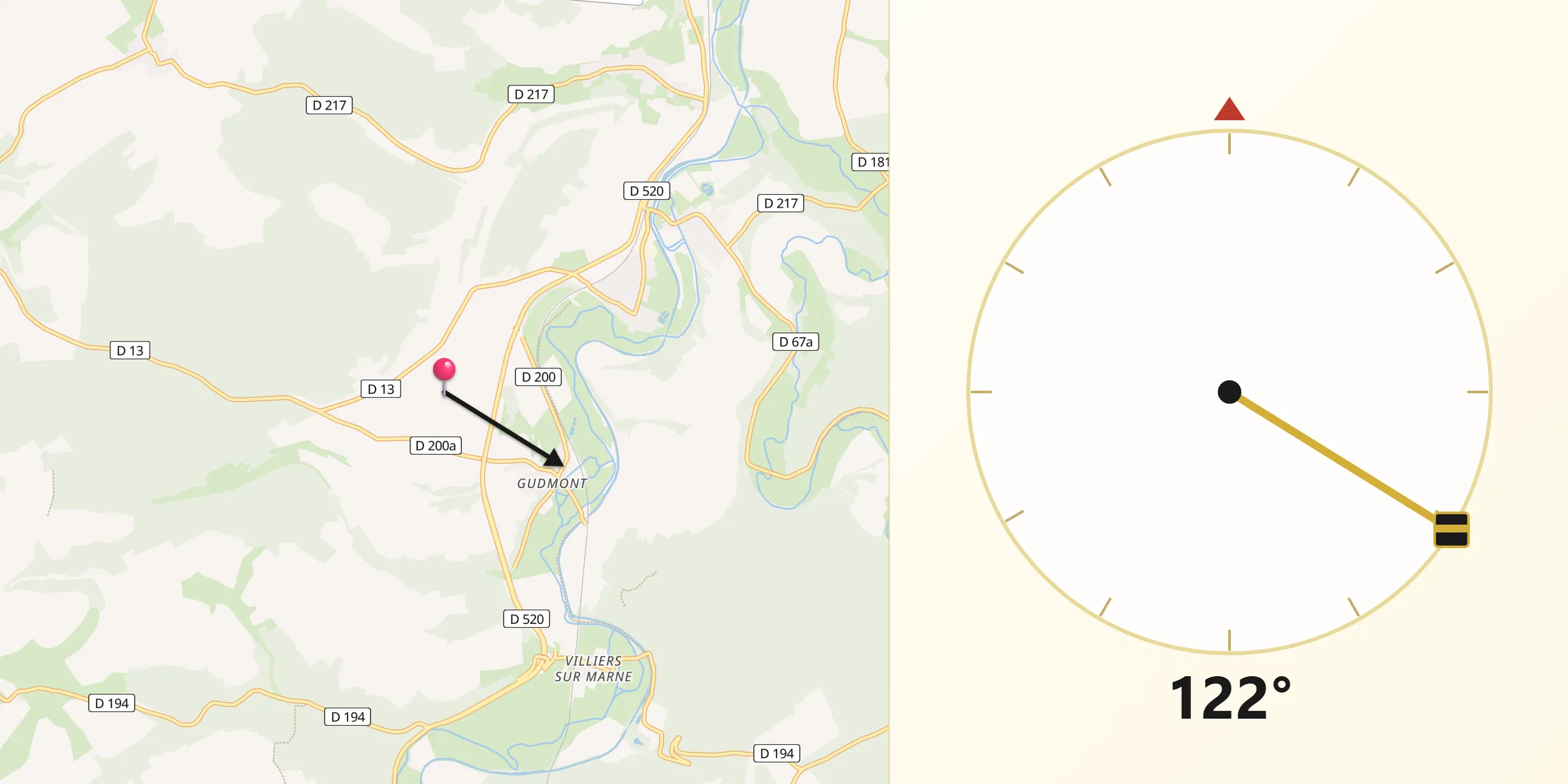 Direction vers la Qibla depuis Donjeux