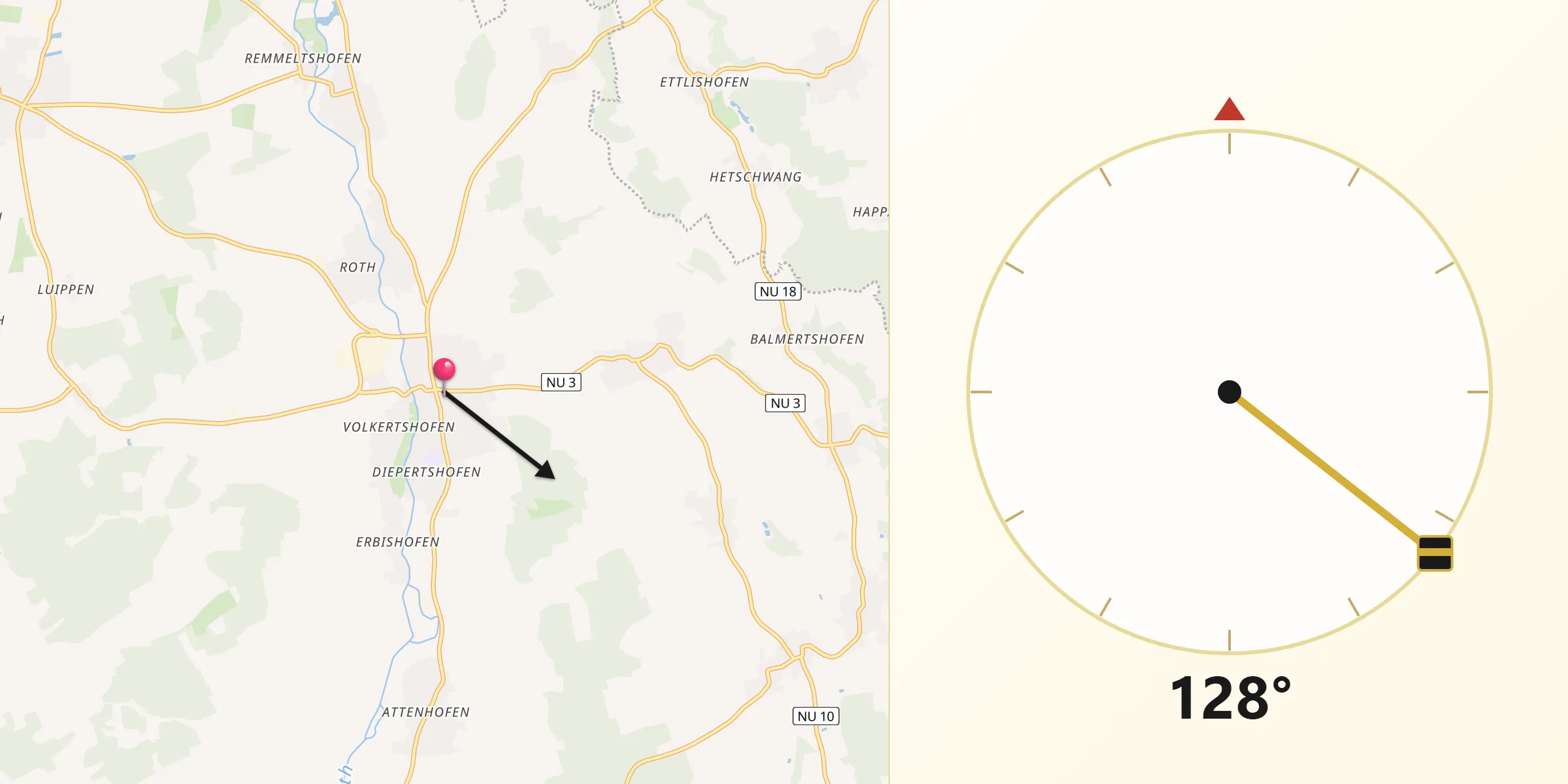 Qibla-Richtung von Pfaffenhofen an der Roth