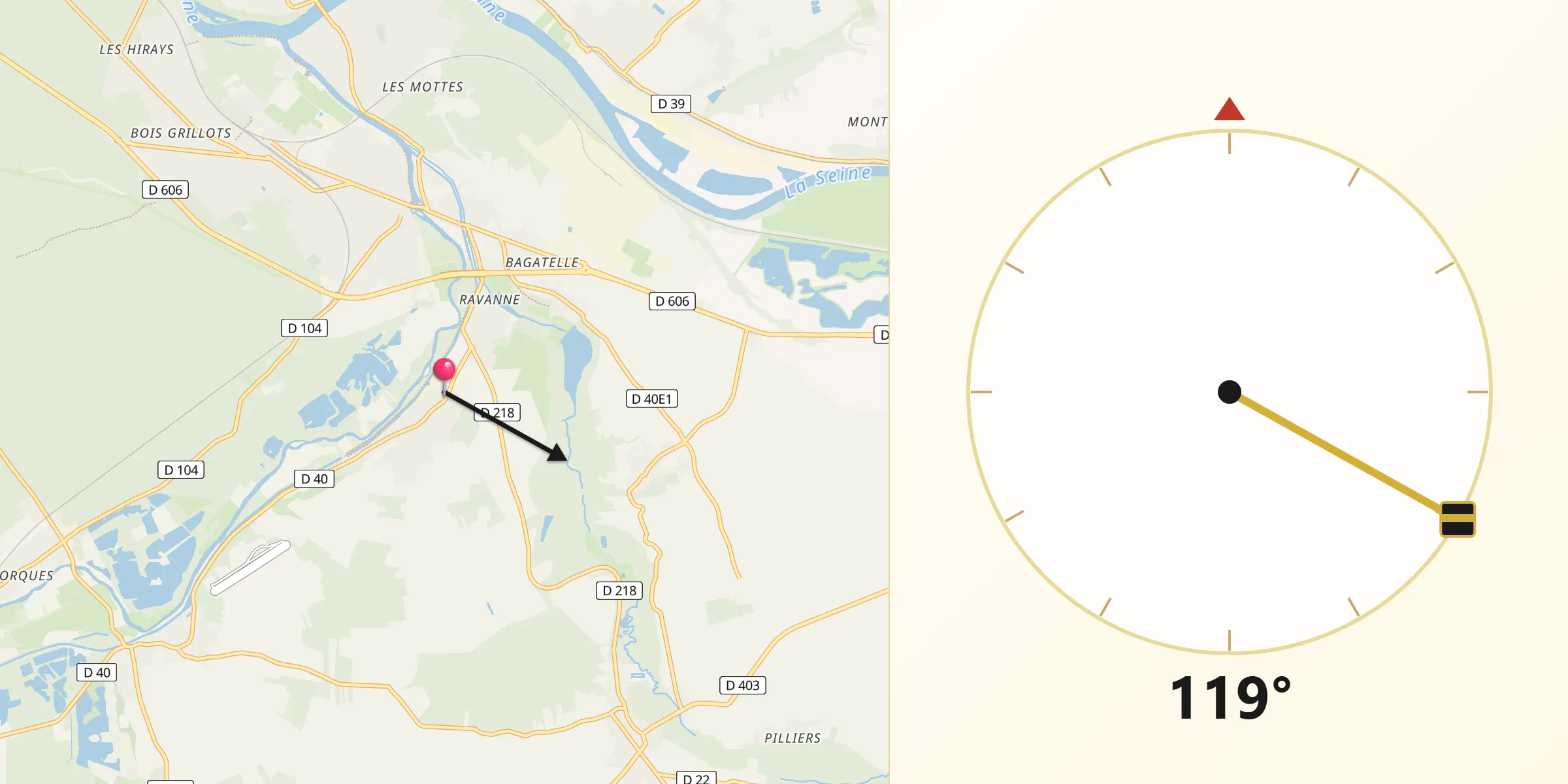 Direction vers la Qibla depuis Écuelles