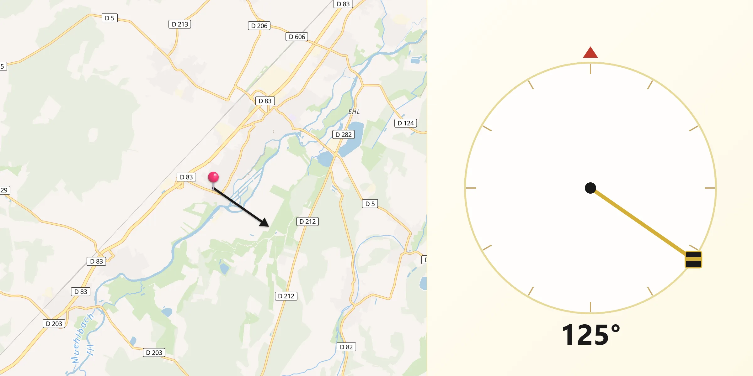 Direction vers la Qibla depuis Huttenheim