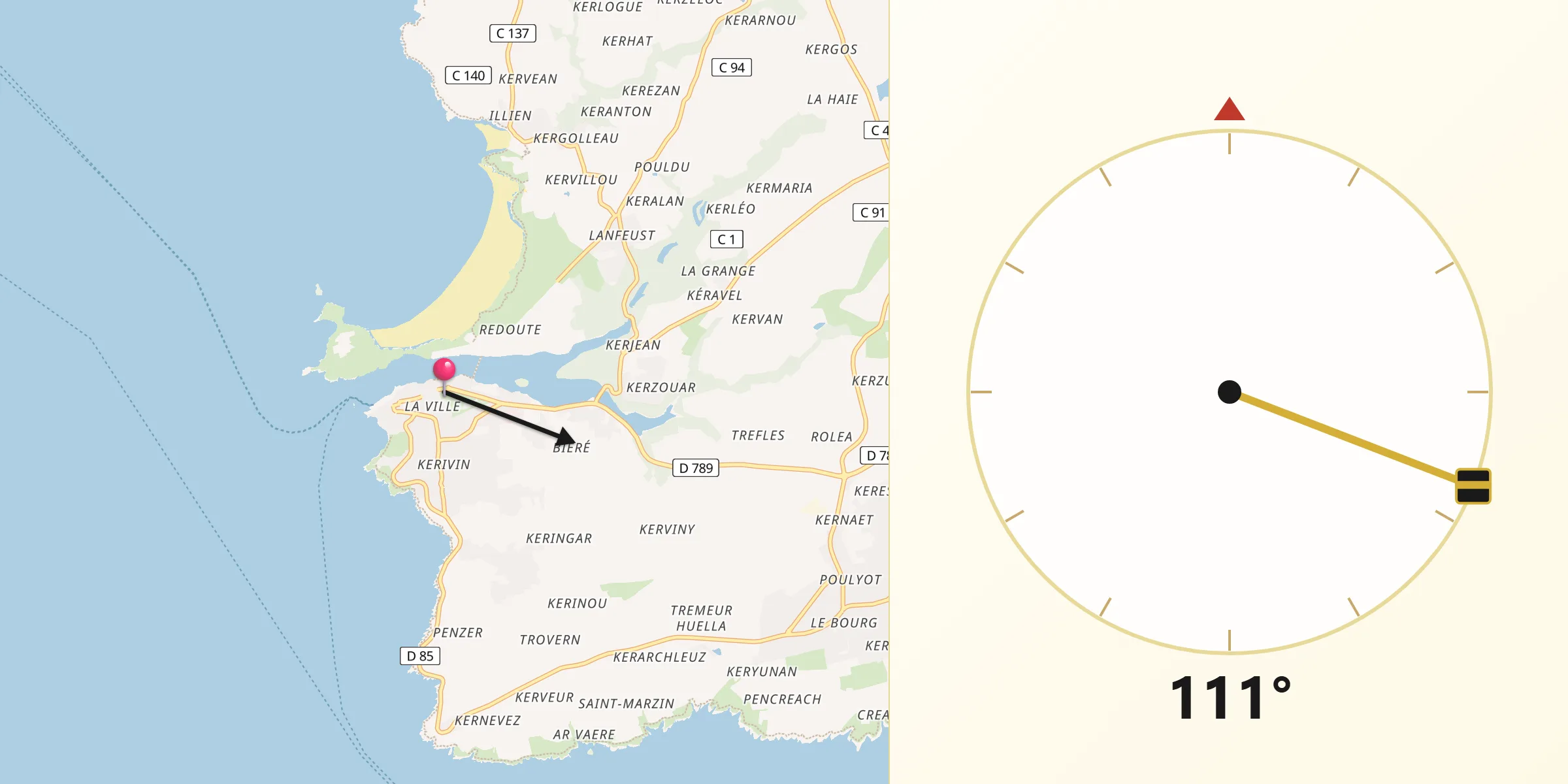 Direction vers la Qibla depuis Le Conquet