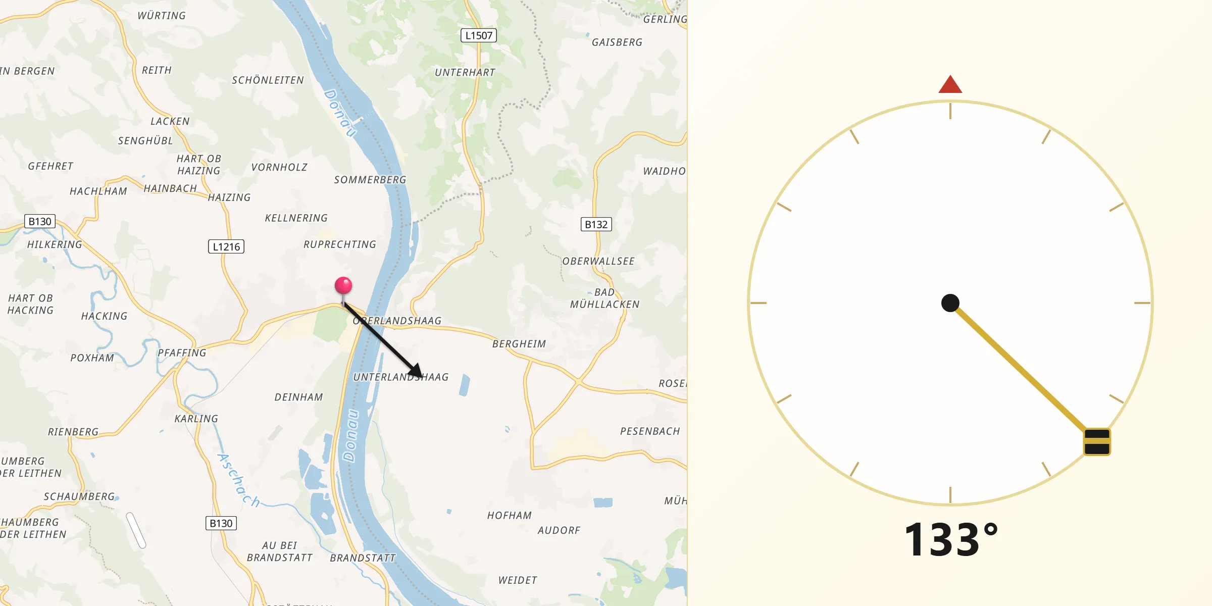 Qibla-Richtung von Aschach an der Donau