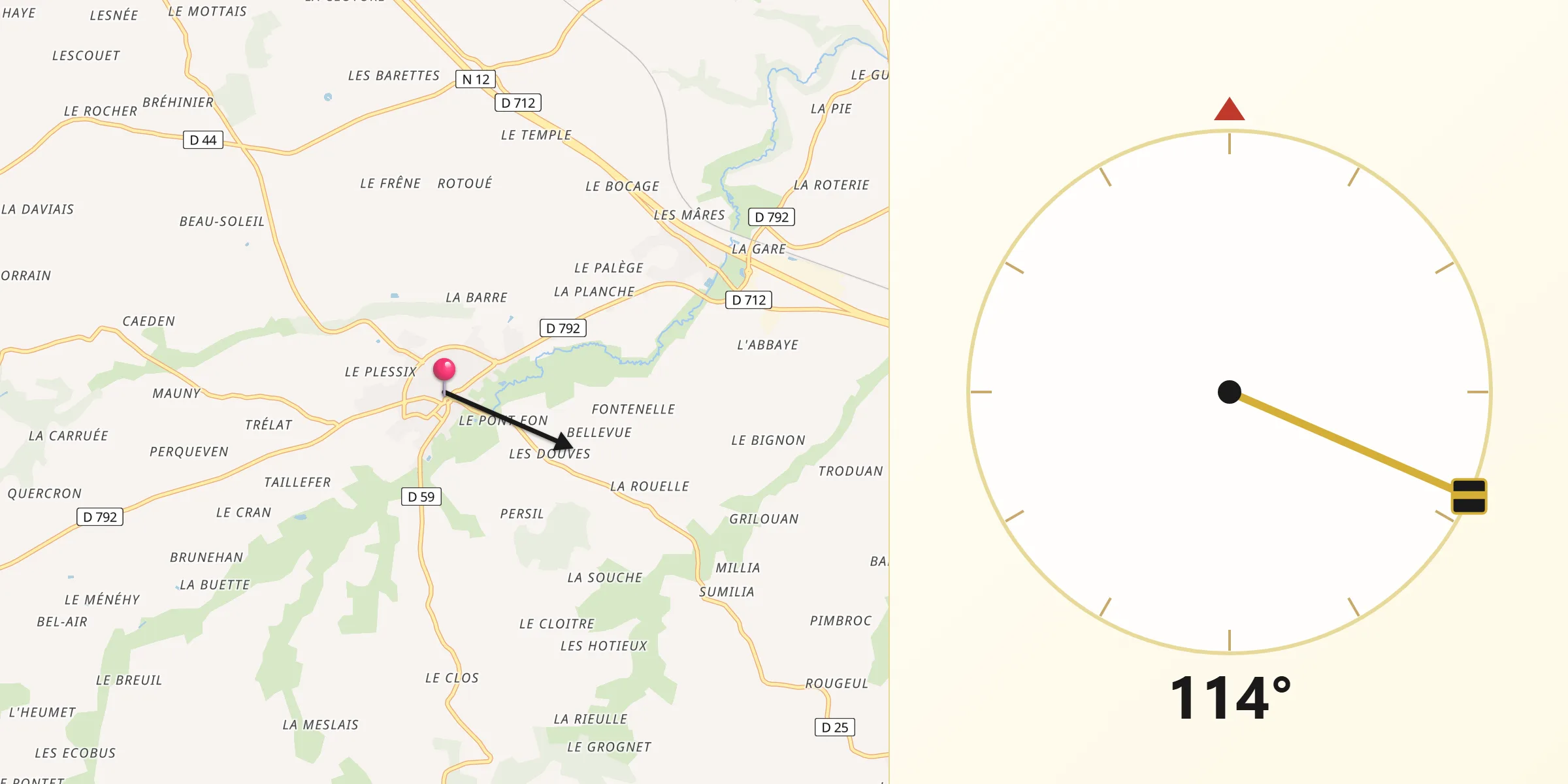 Direction vers la Qibla depuis Plénée-Jugon