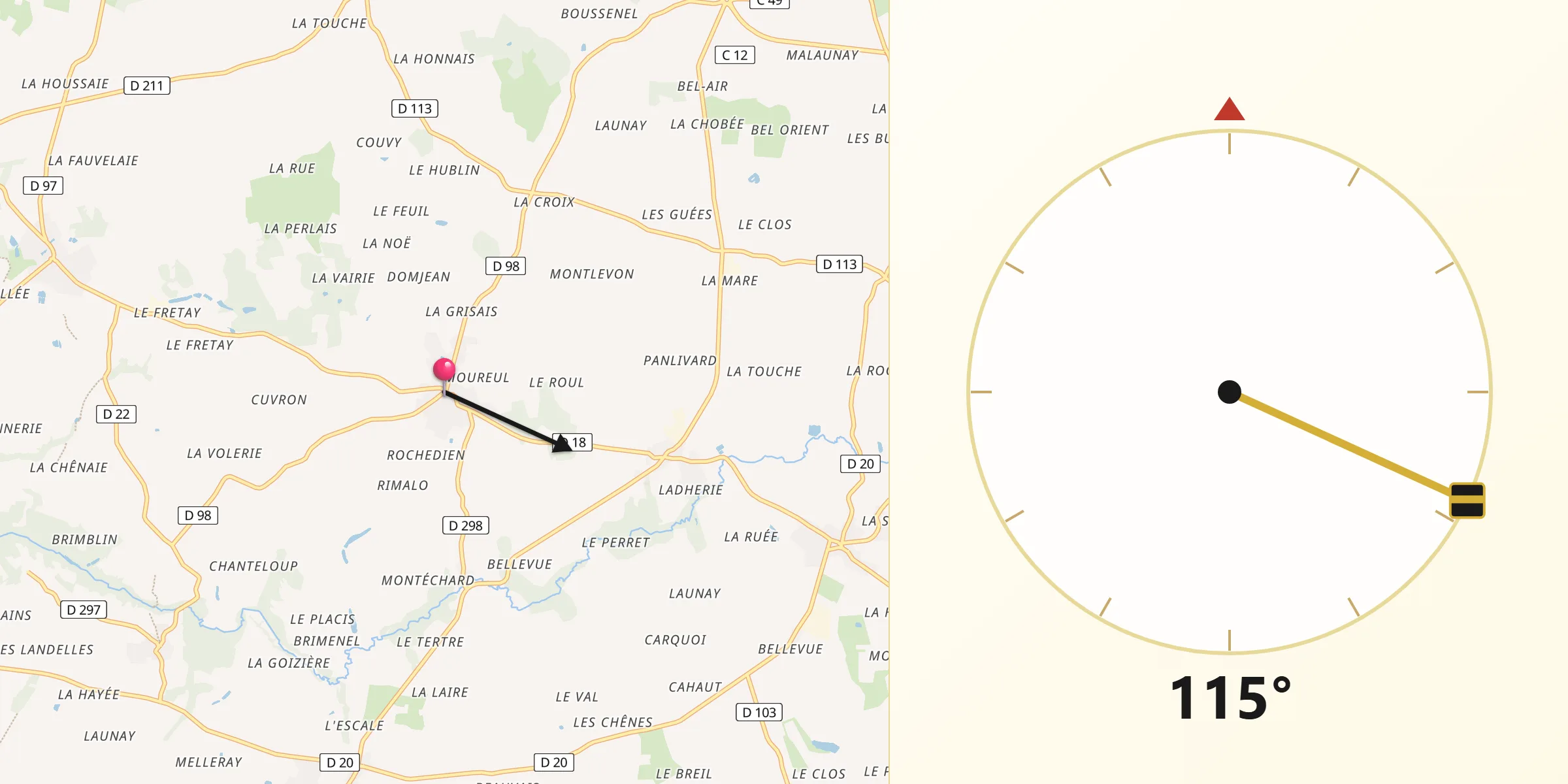 Direction vers la Qibla depuis Saint-Marc-le-Blanc