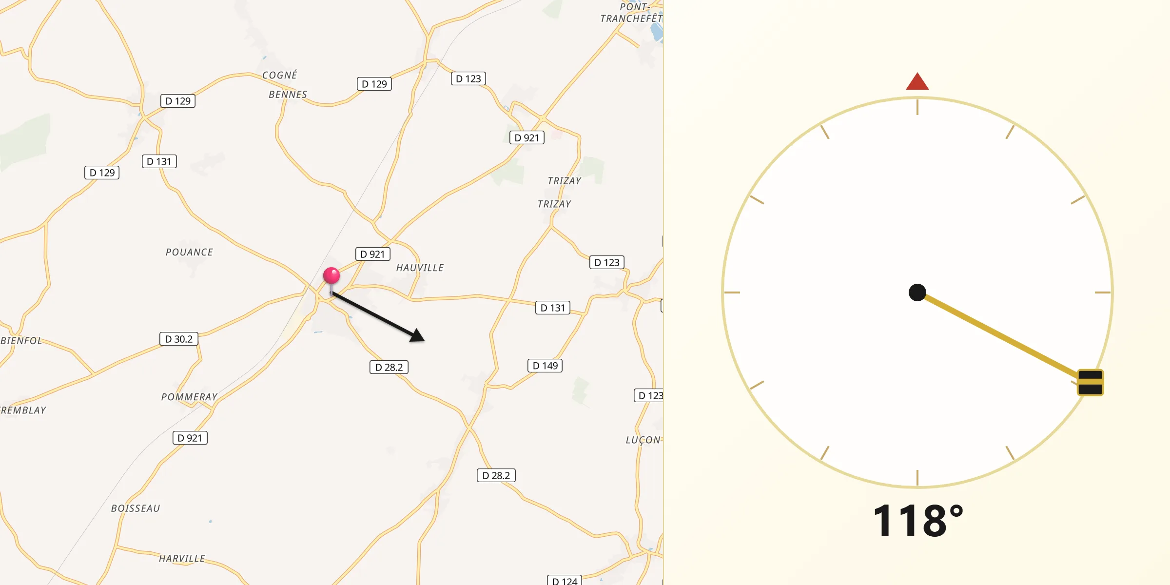 Direction vers la Qibla depuis Bailleau-le-Pin