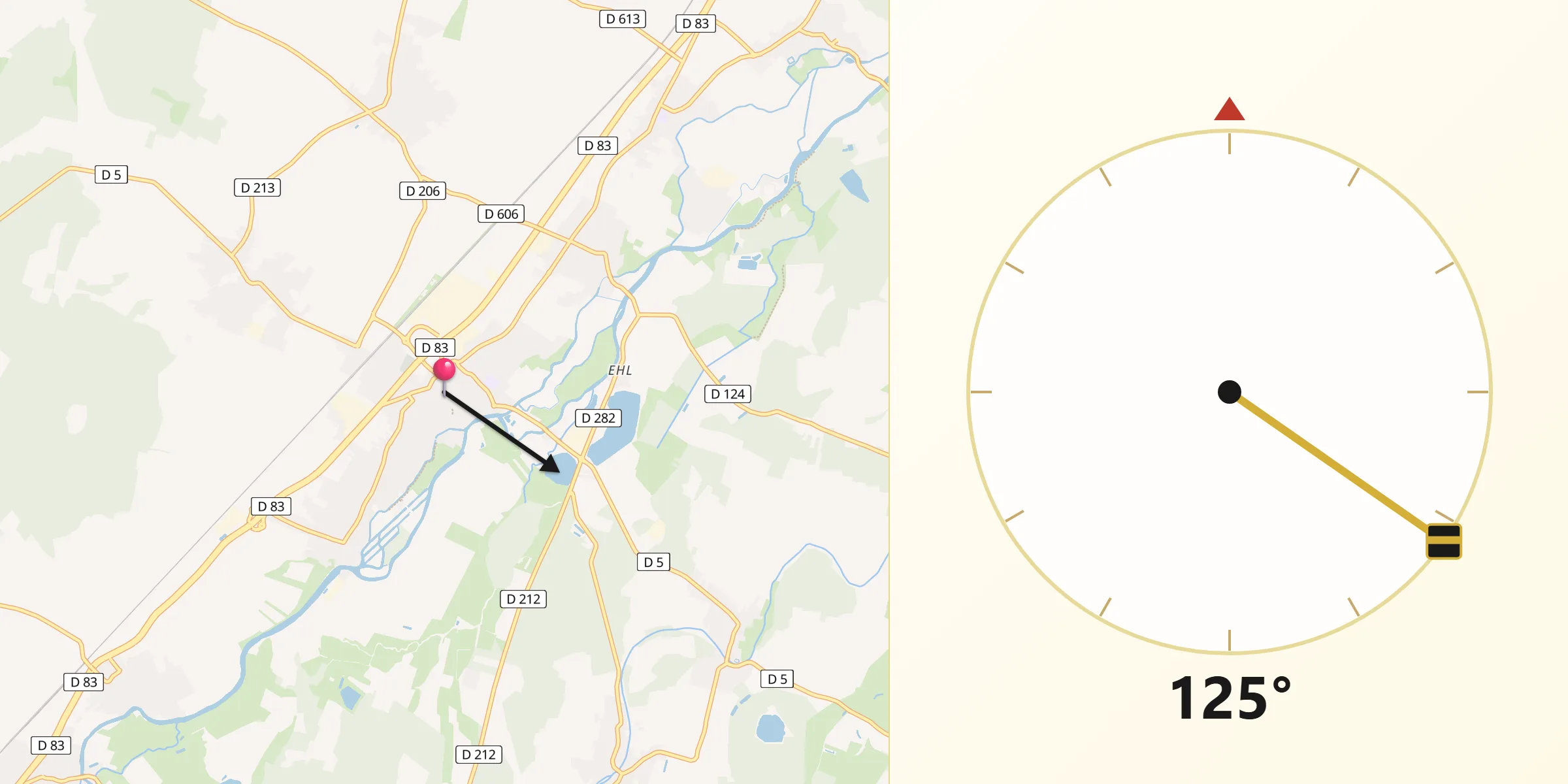 Direction vers la Qibla depuis Benfeld