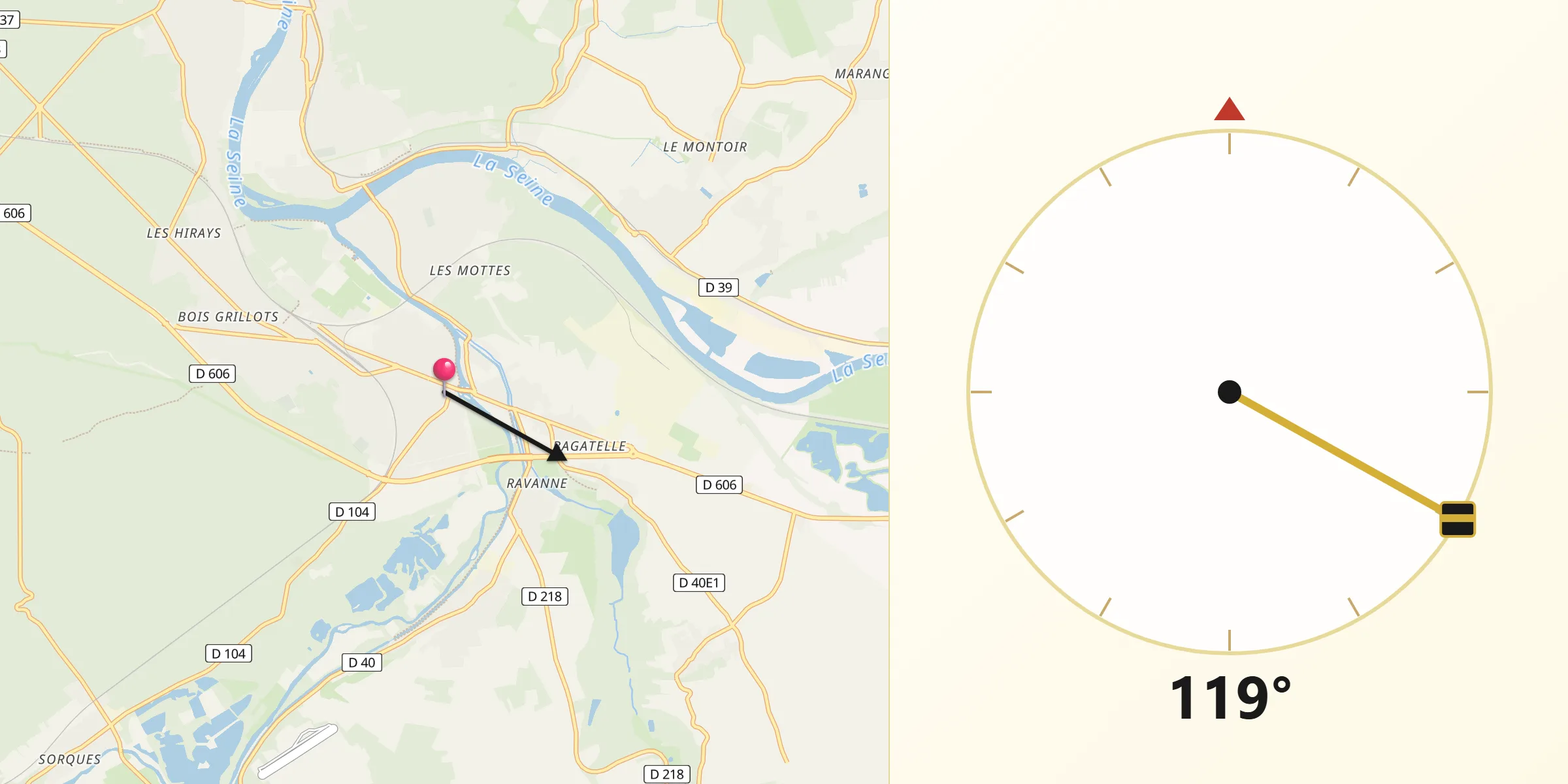Direction vers la Qibla depuis Moret-sur-Loing