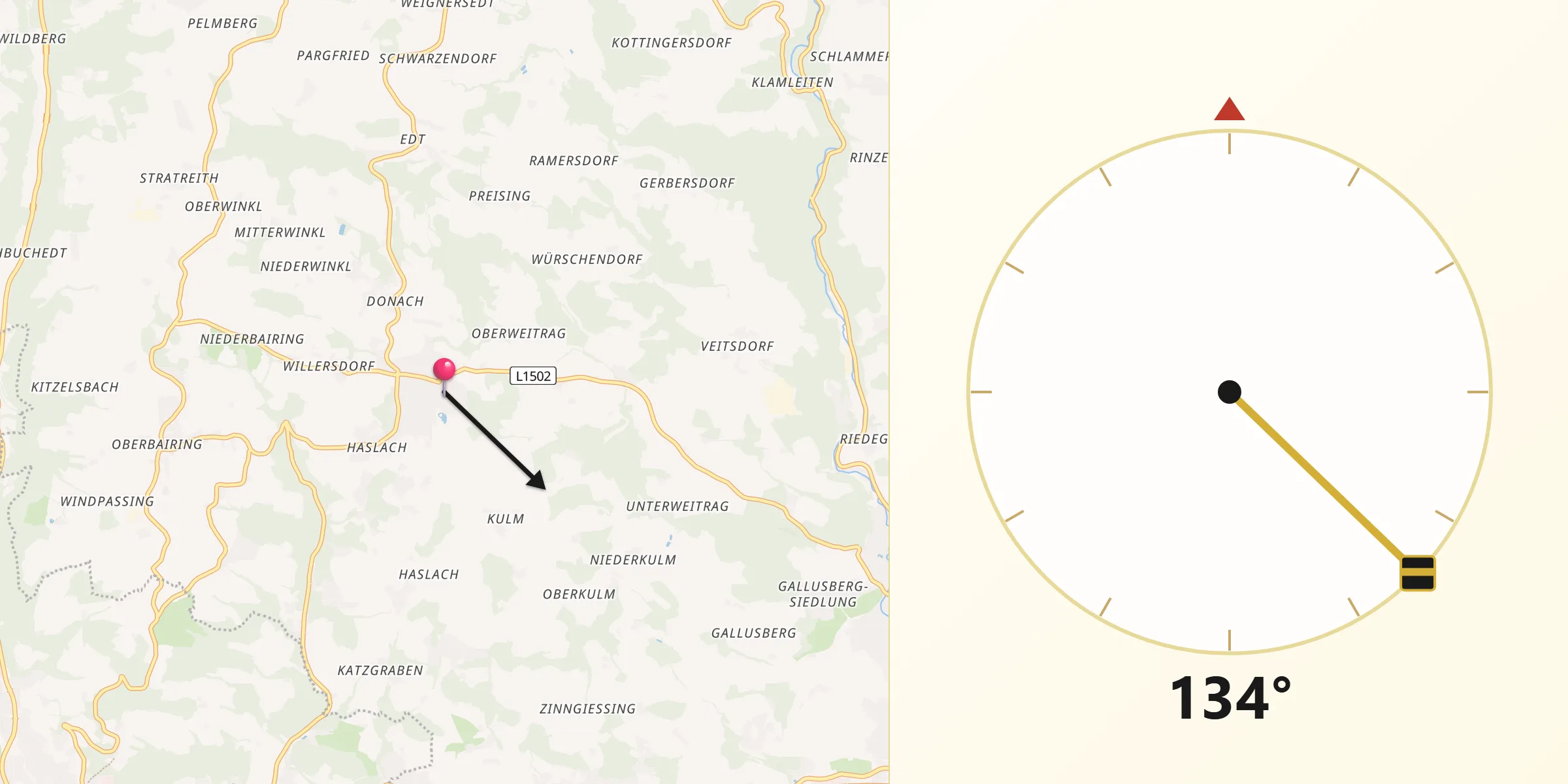 Qibla-Richtung von Altenberg bei Linz