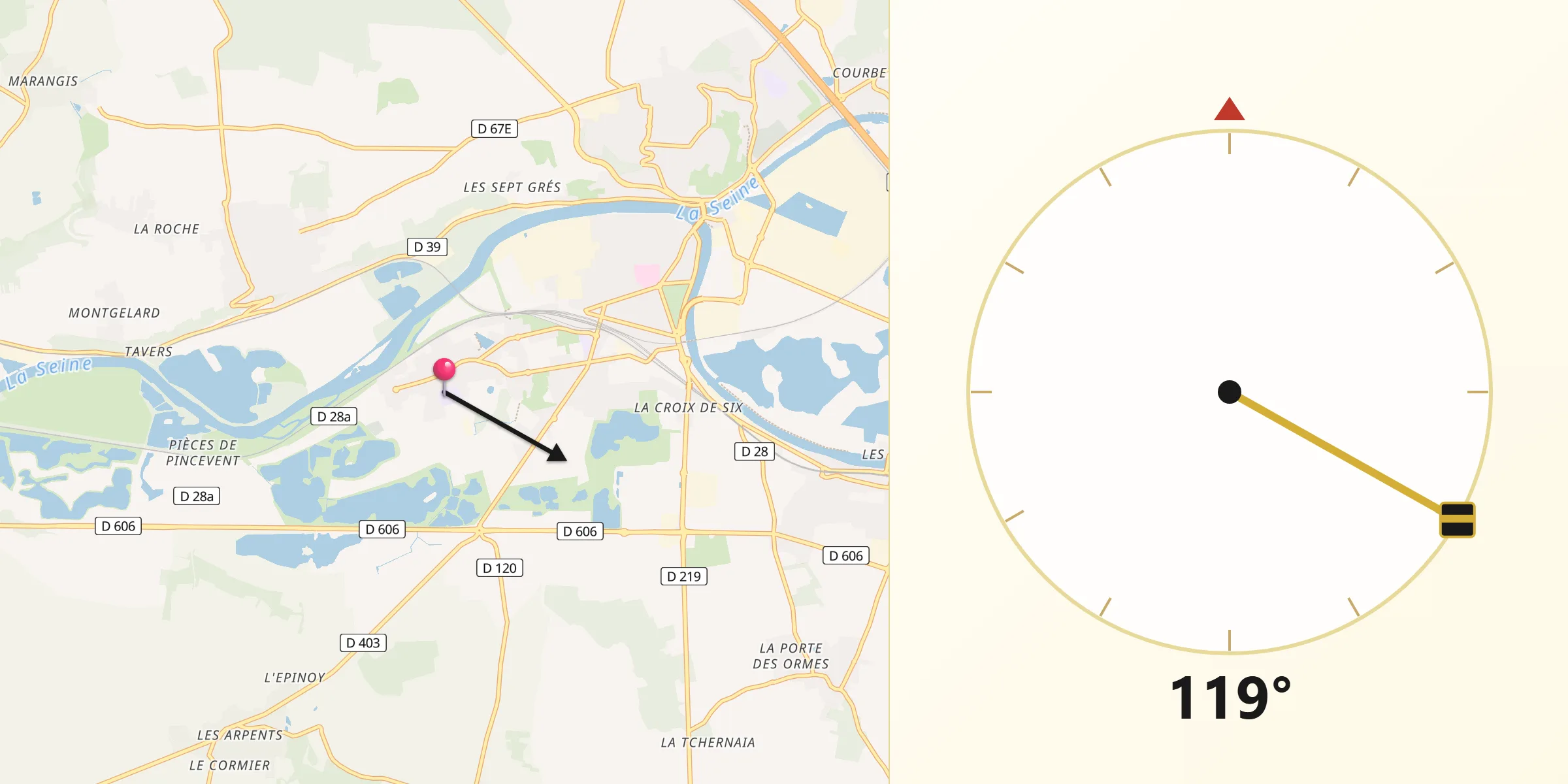 Direction vers la Qibla depuis Varennes-sur-Seine