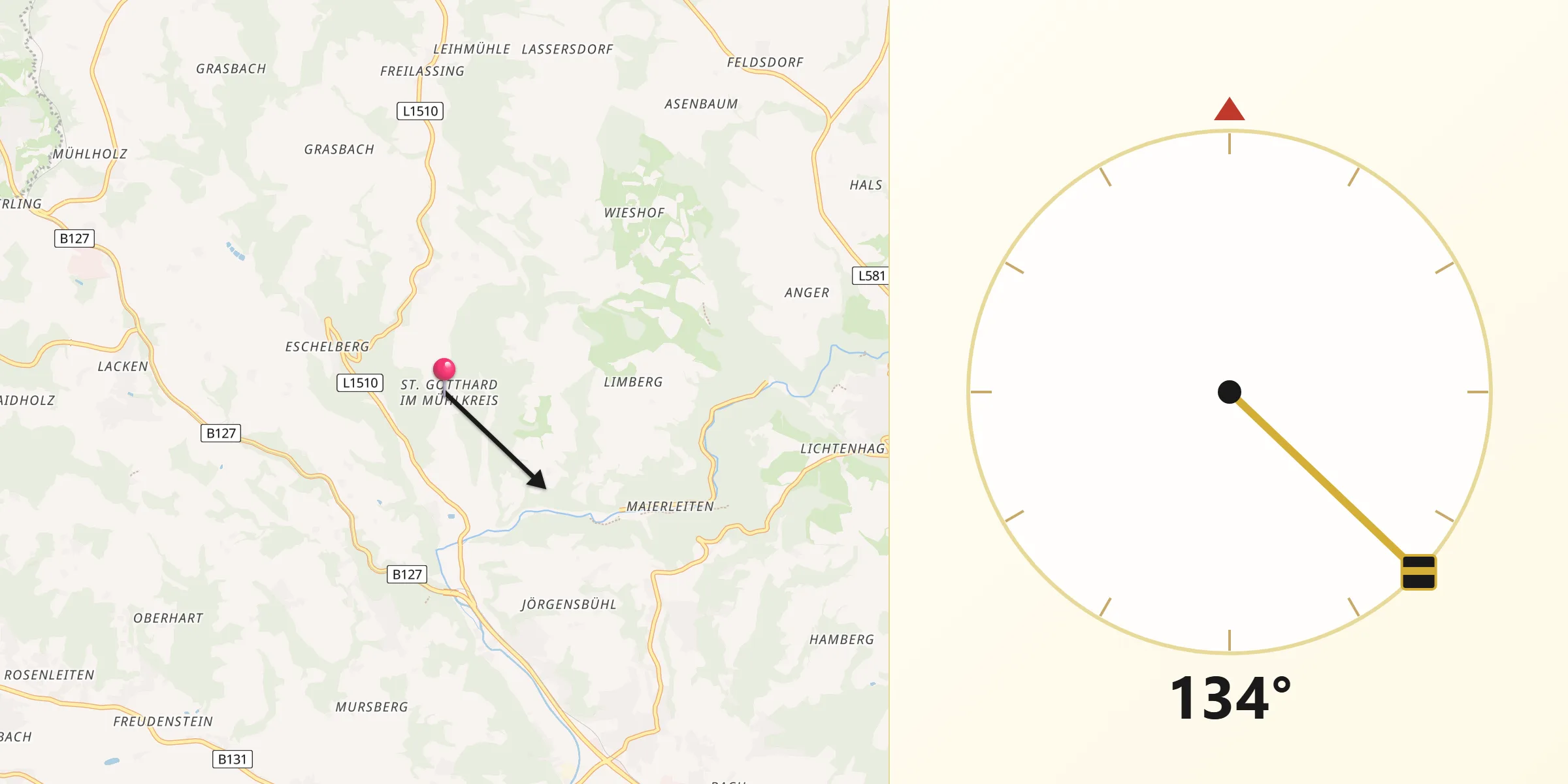 Qibla-Richtung von Sankt Gotthard im Mühlkreis
