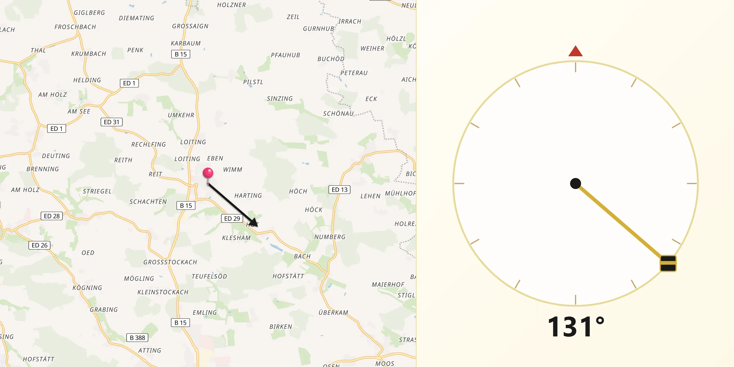 Qibla-Richtung von Hohenpolding